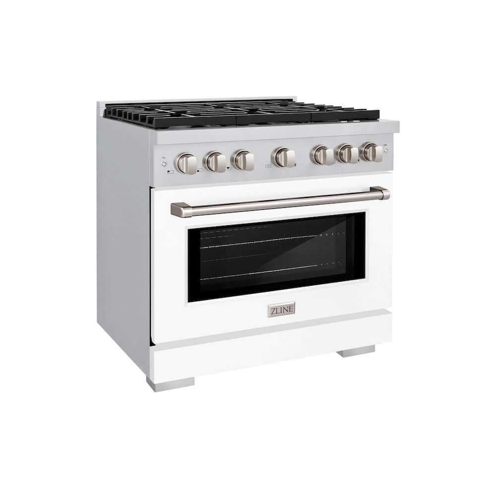 ZLINE 36 Inch 5.2 Cu. Ft. Stainless Steel Gas Range with 6 Burner Cooktop & Convection Oven - White Matte Door (SGR WM 36) - Perfect for Professional Home Chefs & Modern Kitchens