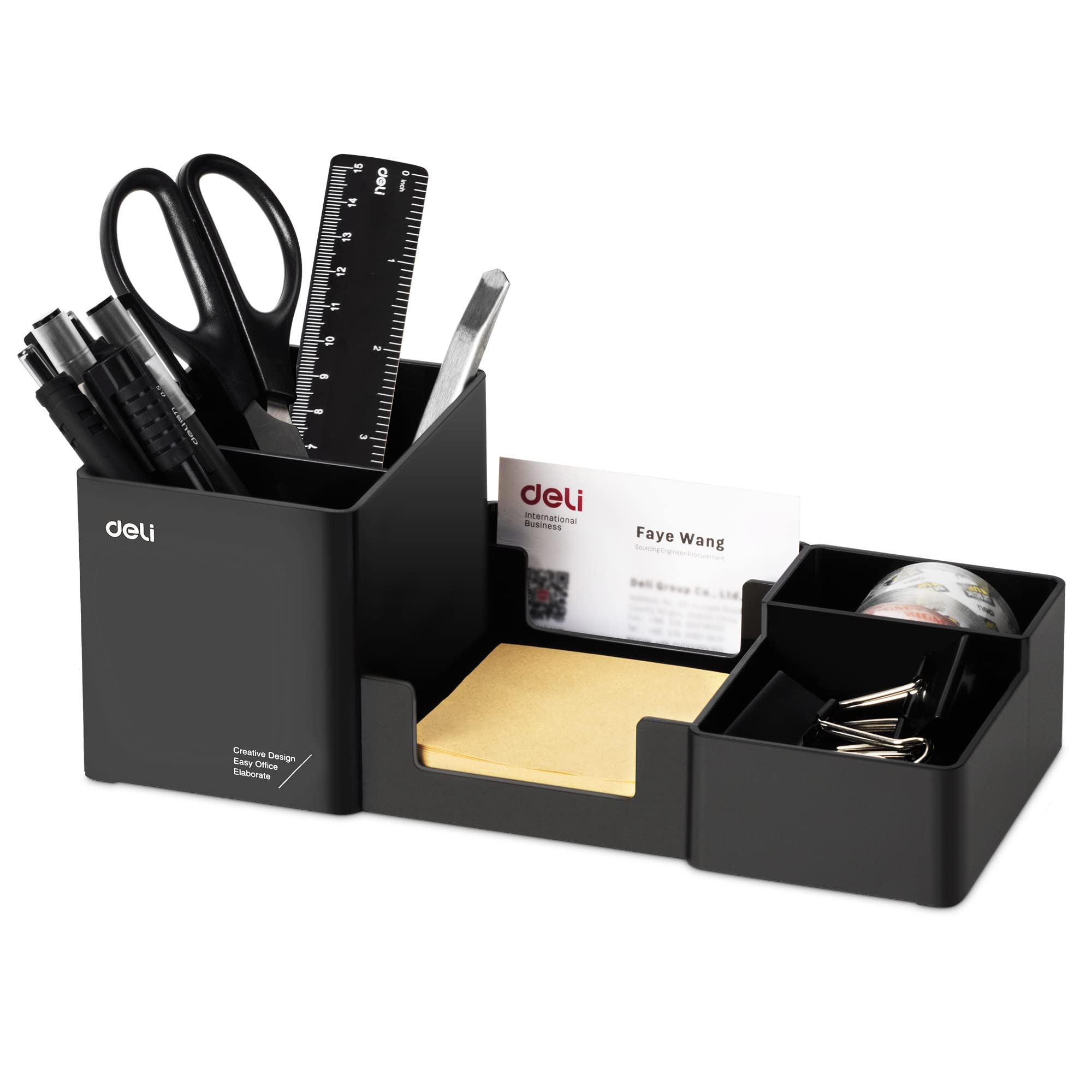 Black Plastic Desk Organizer with 6 Compartments - Pencil Holder & Sticky Note Tray for Office Supplies | Perfect for Home Office, School Desk & Workstation Organization