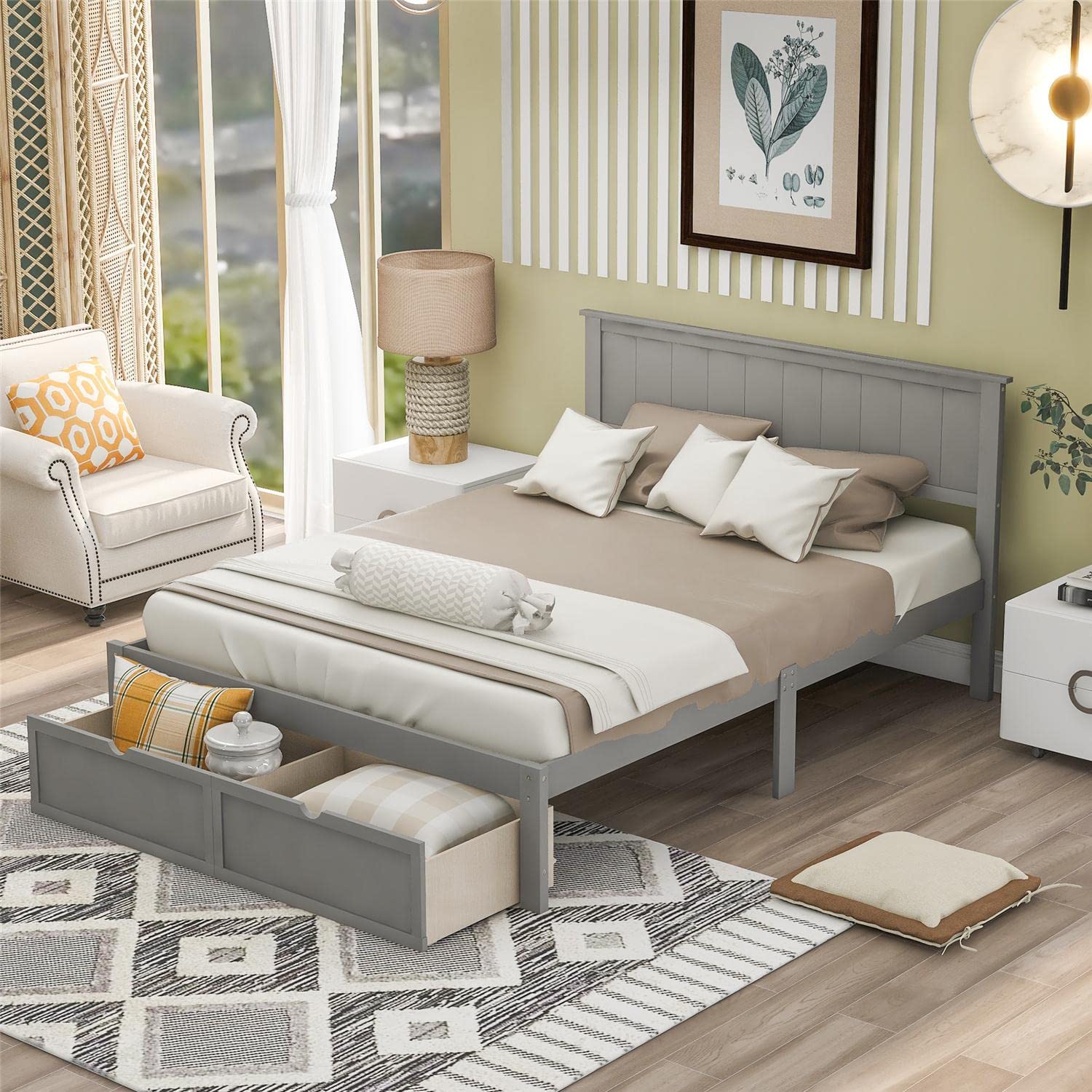 Full Size Storage Platform Bed with Headboard & Footboard - Solid Wood Frame, No Box Spring Needed, Gray (76