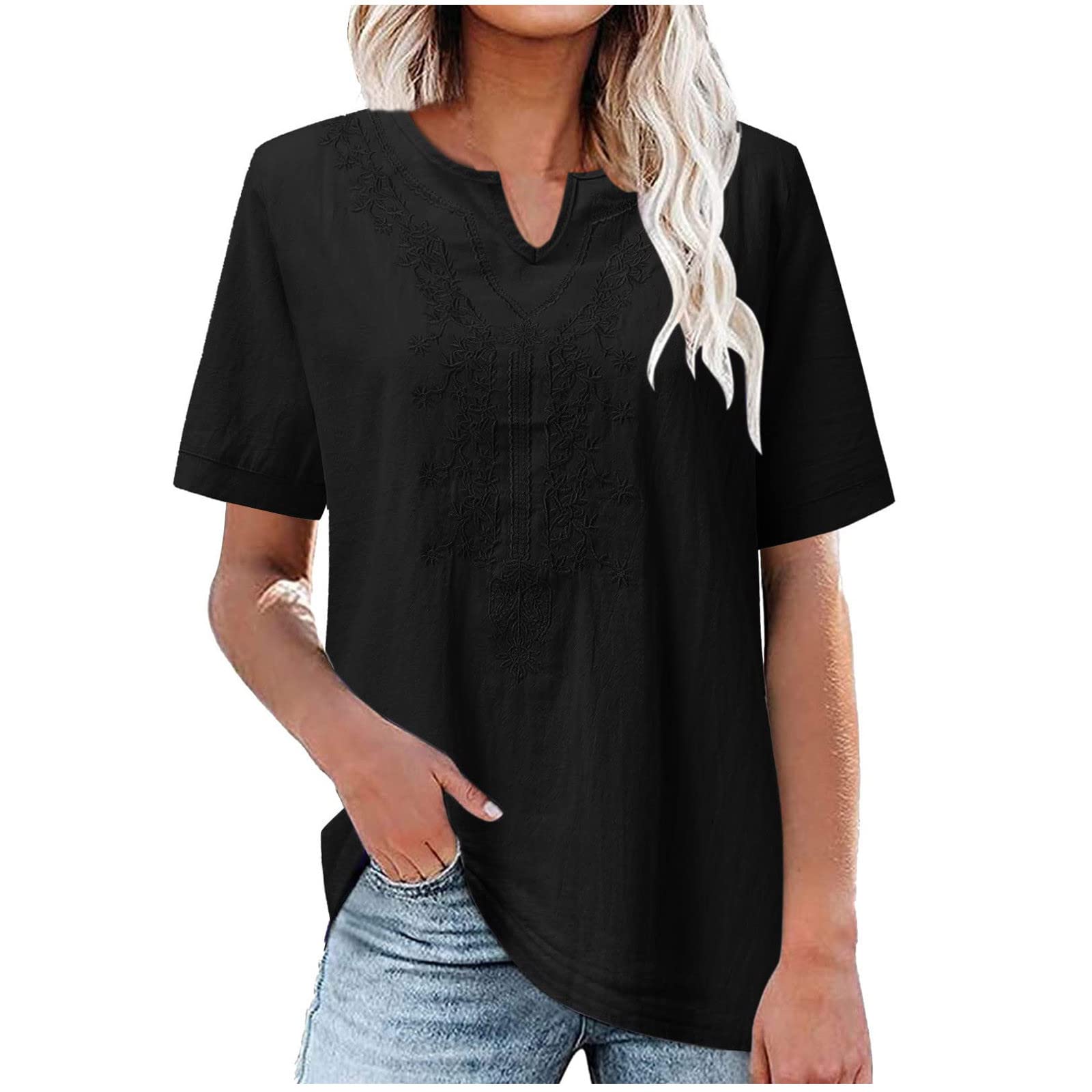 Women's Cotton Linen T-Shirts - Soft Short Sleeve V-Neck Casual Blouses with Embroidery Detail, Loose Fit Solid Tee Tops for Everyday Wear, Summer Outfits & Boho Style