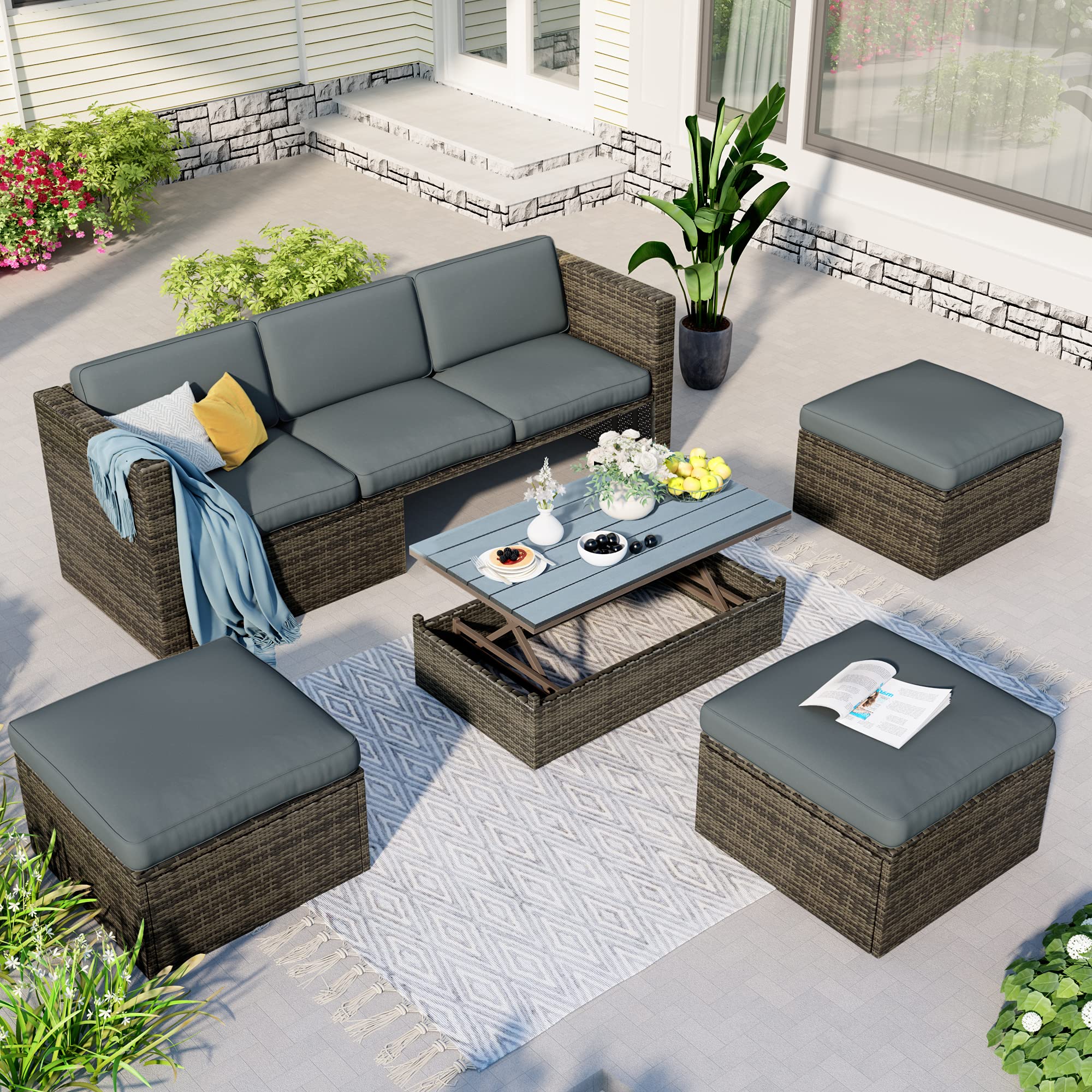 5-Piece Outdoor Patio Furniture Set - PE Wicker Conversation Set with Adjustable Backrest, Cushions, Ottomans & Lift-Top Coffee Table (Gray) - Perfect for Garden, Backyard, Poolside & Outdoor Entertaining