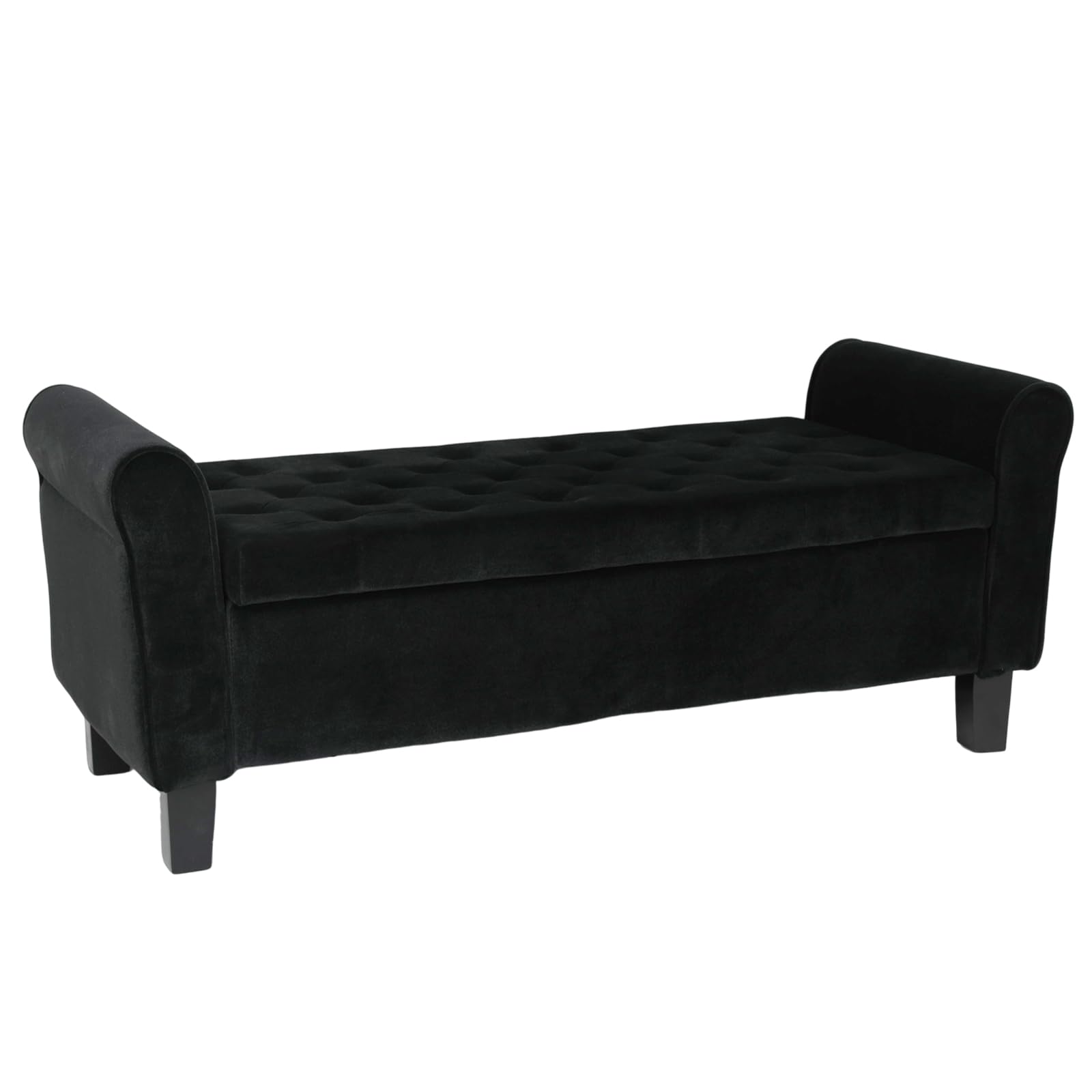 Velvet Storage Ottoman Bench with Arms - Black Button Tufted Footrest Seat for Bedroom, Entryway & Hallway | Multi-Functional Storage Bench for Living Room, Dorm & Home Decor (Black)