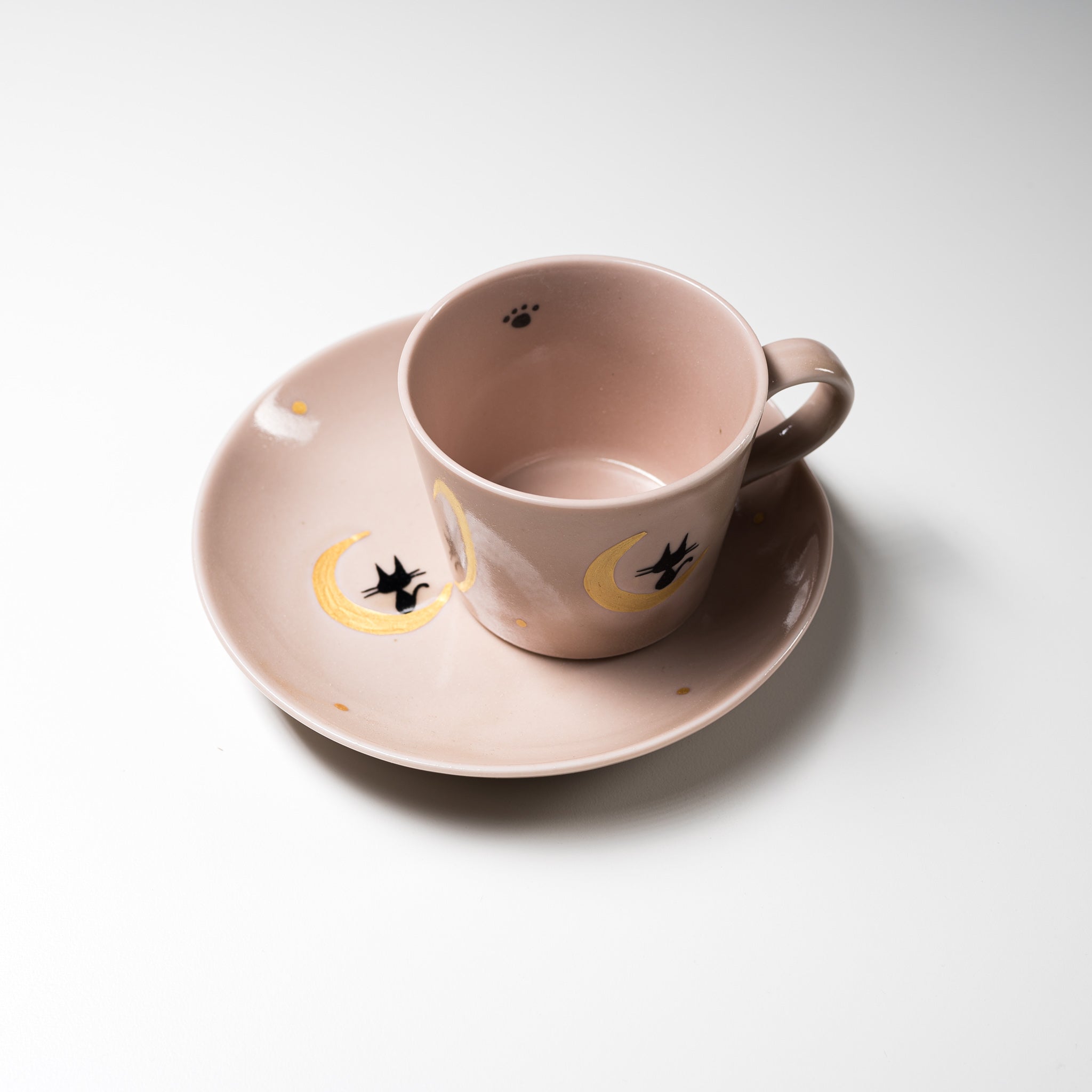 Moon and Cat Themed Cup and Saucer Set - 3 Colors (Crescent Moon Kitty Design) - Perfect for Tea Time, Coffee Breaks, and Gift Giving