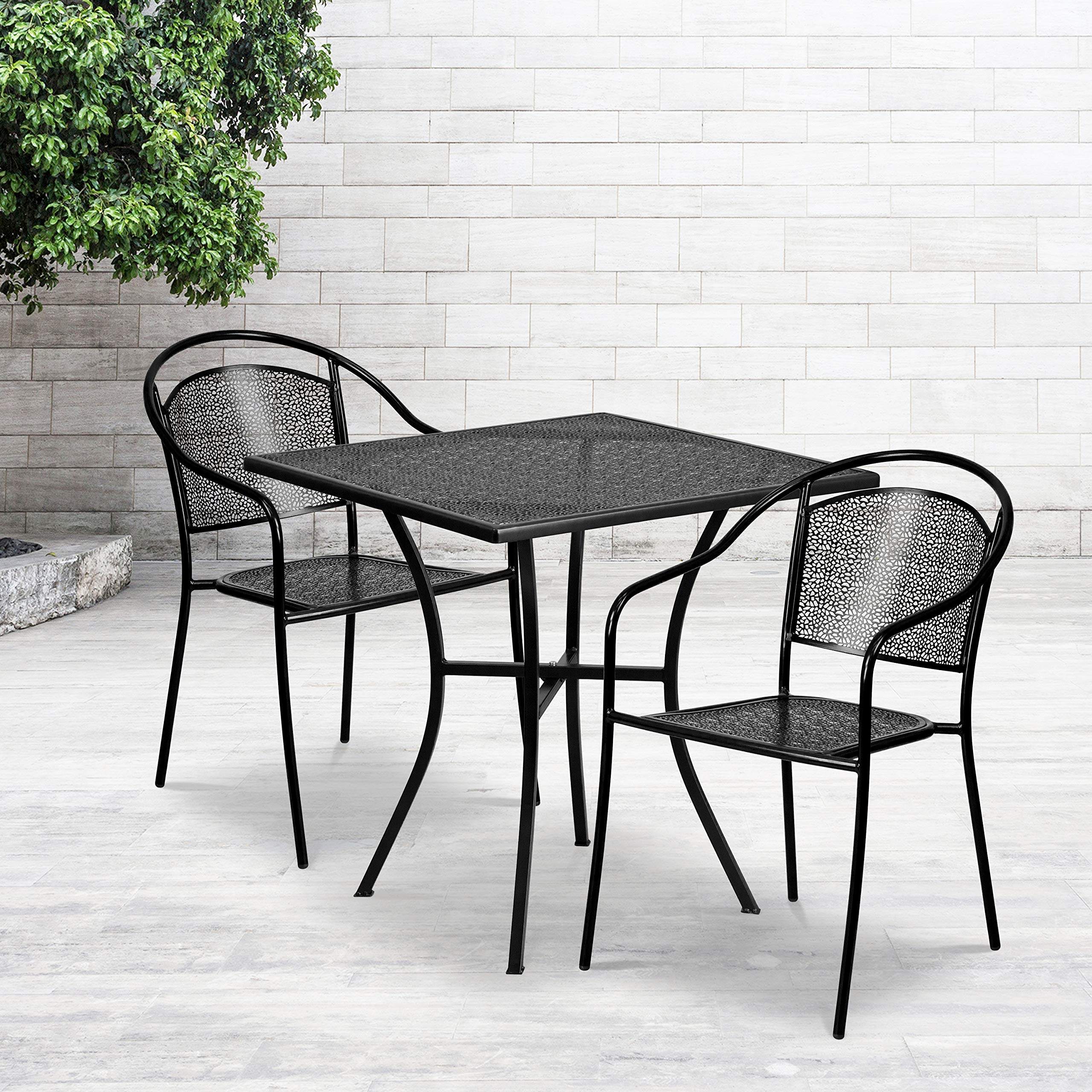 EMMA + OLIVER 28 Inch Square Black Outdoor Patio Dining Table Set with 2 Round Back Chairs - Heavy Duty Commercial Grade Metal Furniture for Restaurant, Cafe, Garden, Poolside & Backyard