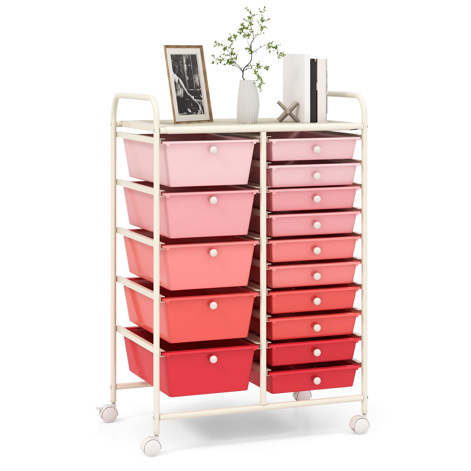RELAX4LIFE 15-Drawer Rolling Storage Cart with Wheels - Mobile Utility Organizer for Crafts, Classroom, Office & Home - Gradient Pink | Perfect for School Supplies, Art Materials & Home Organization