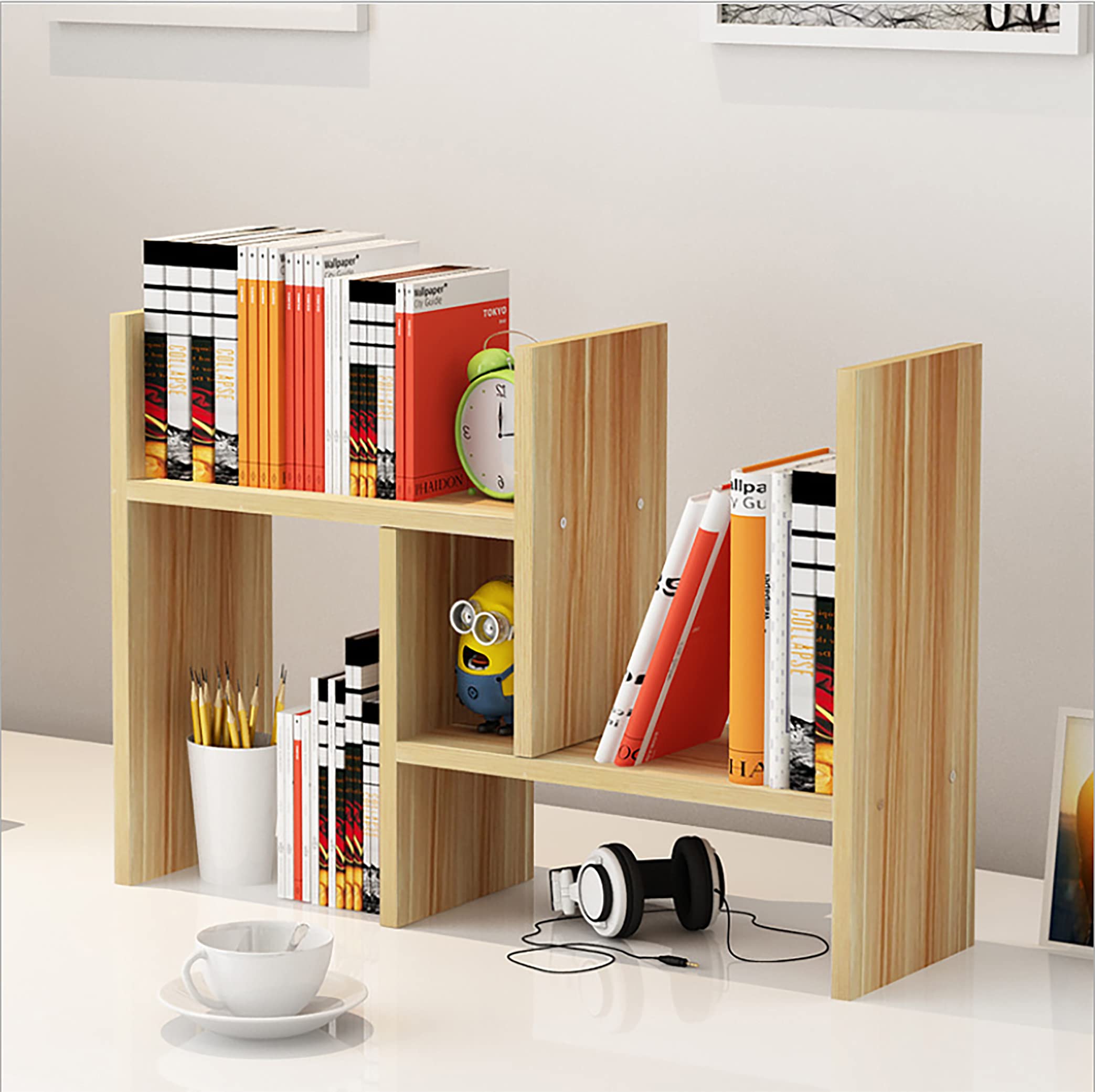Adjustable Wooden Desktop Bookshelf Organizer - Office Desk Storage Rack with Free Style Display, Natural Wood Stand for Books, Supplies & Decor | Perfect for Home Office, Study Room & Workspace (Brown)