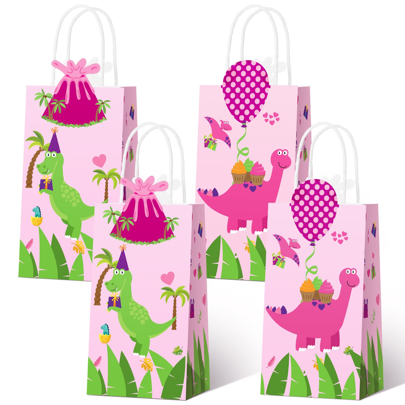 16-Piece Pink Dinosaur Party Favor Bags for Girls - Dino Theme Party Supplies, Birthday Goodie Bags, Candy Treat Bags for Kids, Baby Shower & Dinosaur Decorations | Perfect for Birthday Parties, Themed Events & Classroom Rewards