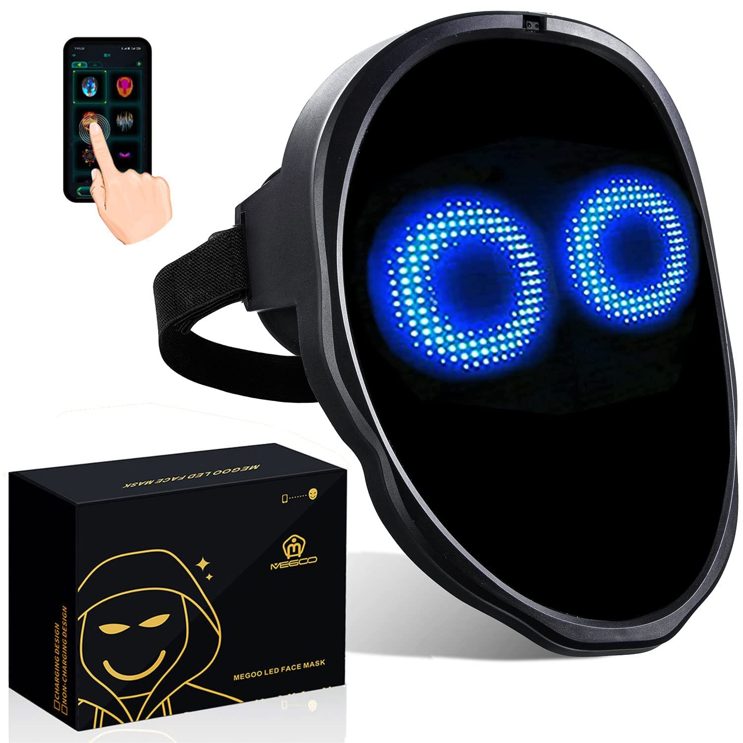 MEGOO Bluetooth LED Face Mask with Programmable App - Rechargeable Light Up Mask for Halloween, Cosplay, Masquerade Parties (Adult & Kids) - Perfect for Costume Events, Raves, and Themed Celebrations