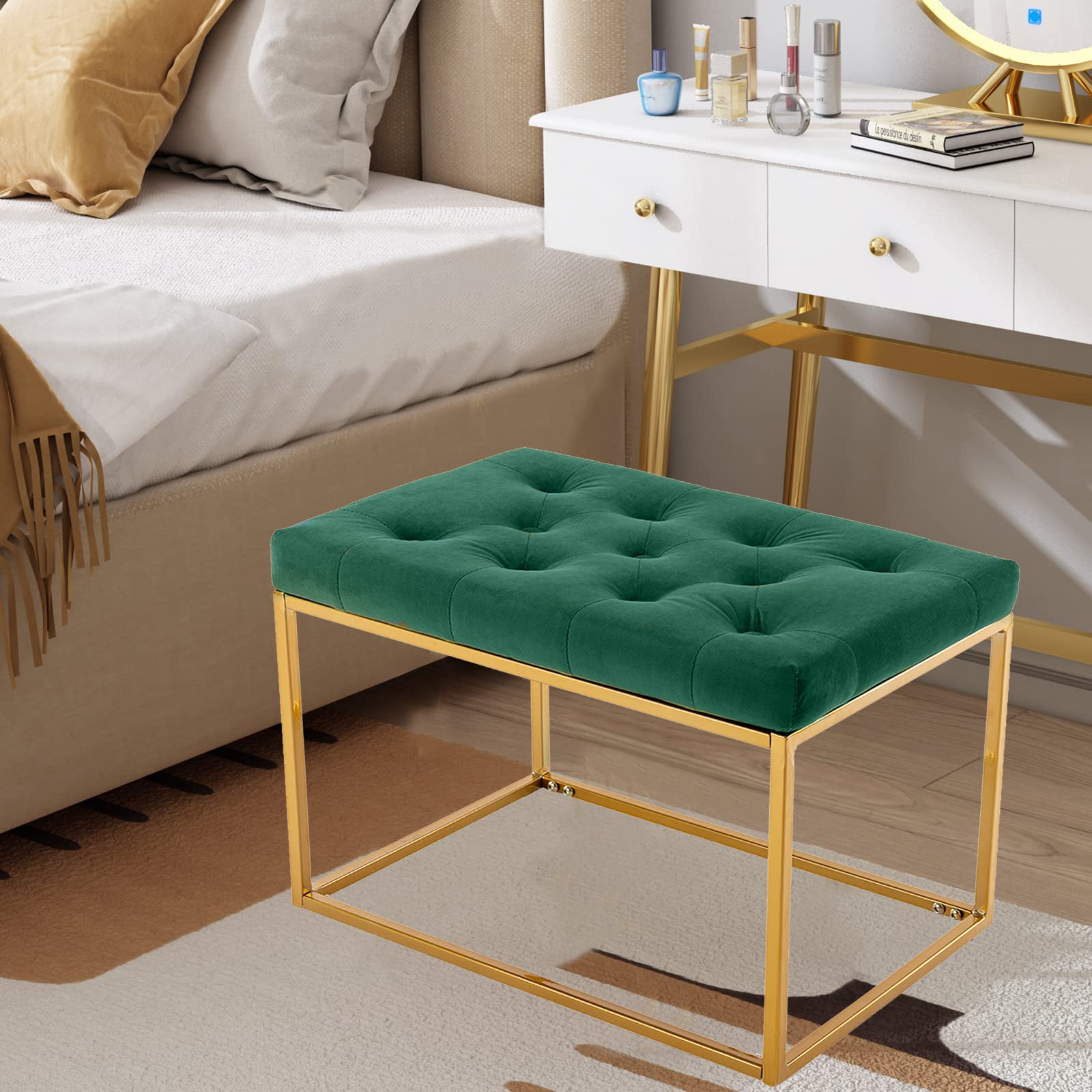 Modern Velvet Ottoman Bench with Golden Metal Legs - Tufted Footrest, Vanity Stool & Makeup Chair - Upholstered Padded Dressing Seat for Living Room, Bedroom & Entryway (Emerald Green) | Perfect for Home Decor, Makeup Vanity & Extra Seating