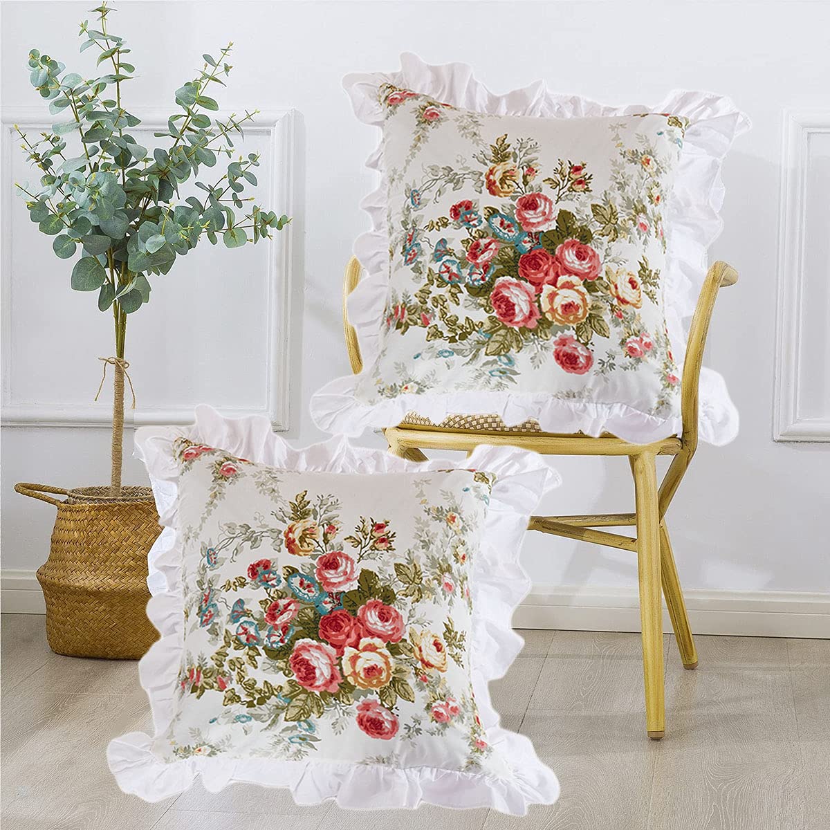 FADFAY Rose Floral Throw Pillow Covers 18x18 Inch Set of 2 - Cotton Decorative Square Cushion Cases with White Ruffle Trim for Sofa, Couch, Bedroom & Living Room - Perfect for Home Decor, Wedding Gifts and Cozy Interior Styling