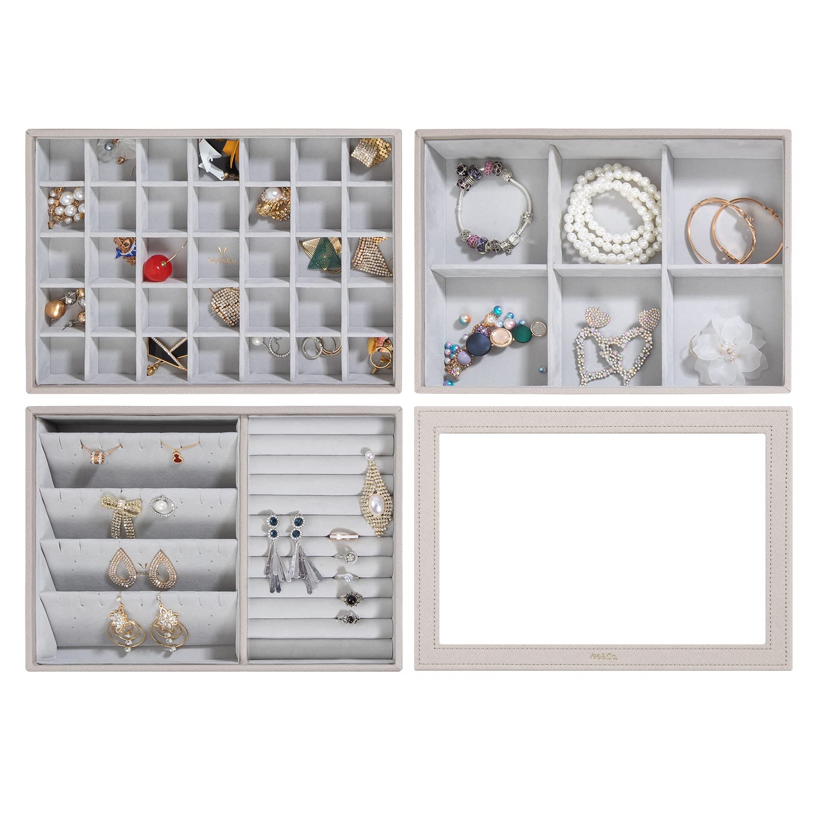 Stackable Jewelry Organizer Trays with Lid - 3-Piece Set for Earrings, Rings & Necklaces - Dresser Storage Solution