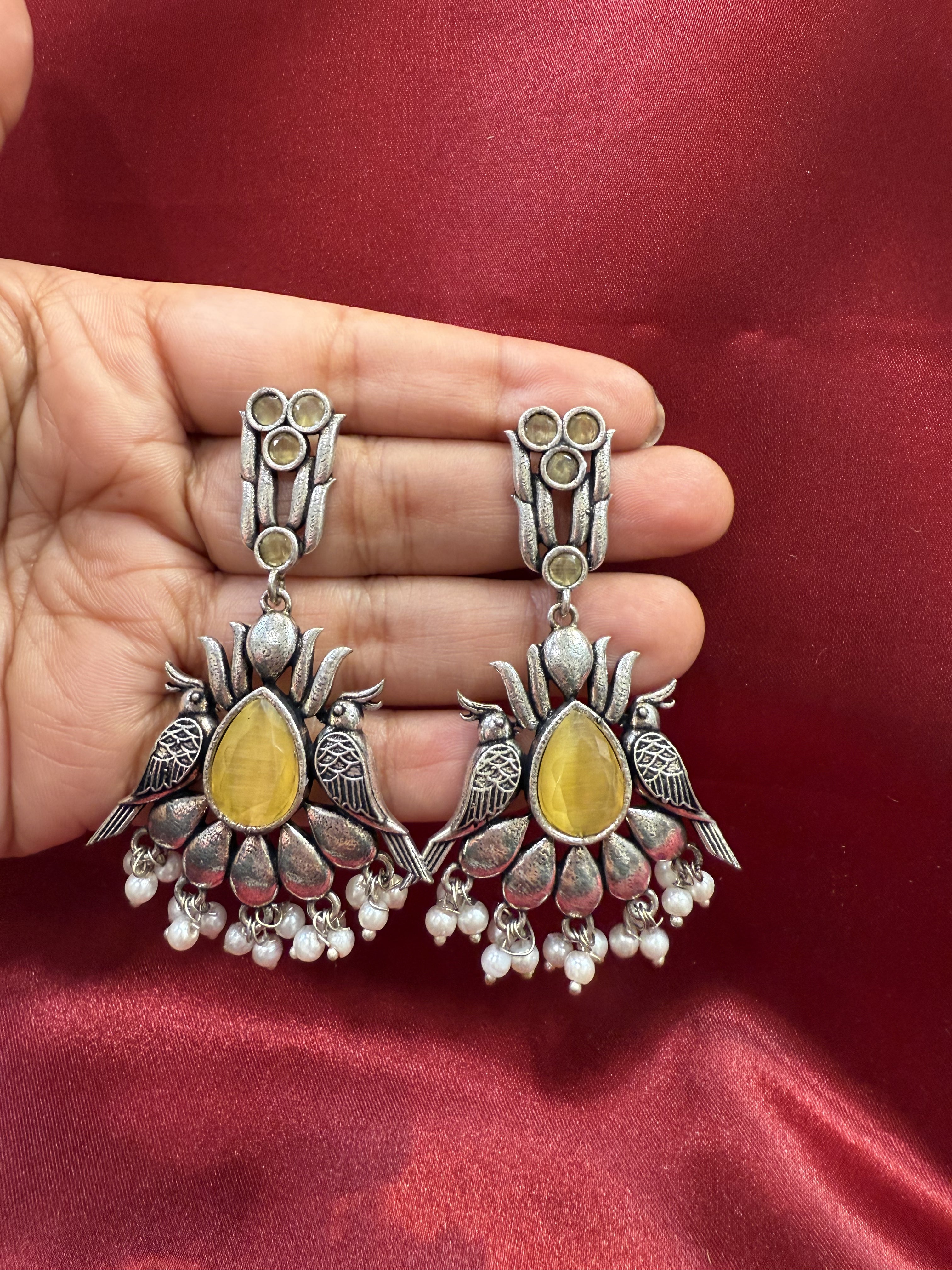 Elegant Light Yellow Oxidized Beaded Bird Design Earrings for Women - Perfect for Parties, Weddings & Everyday Wear