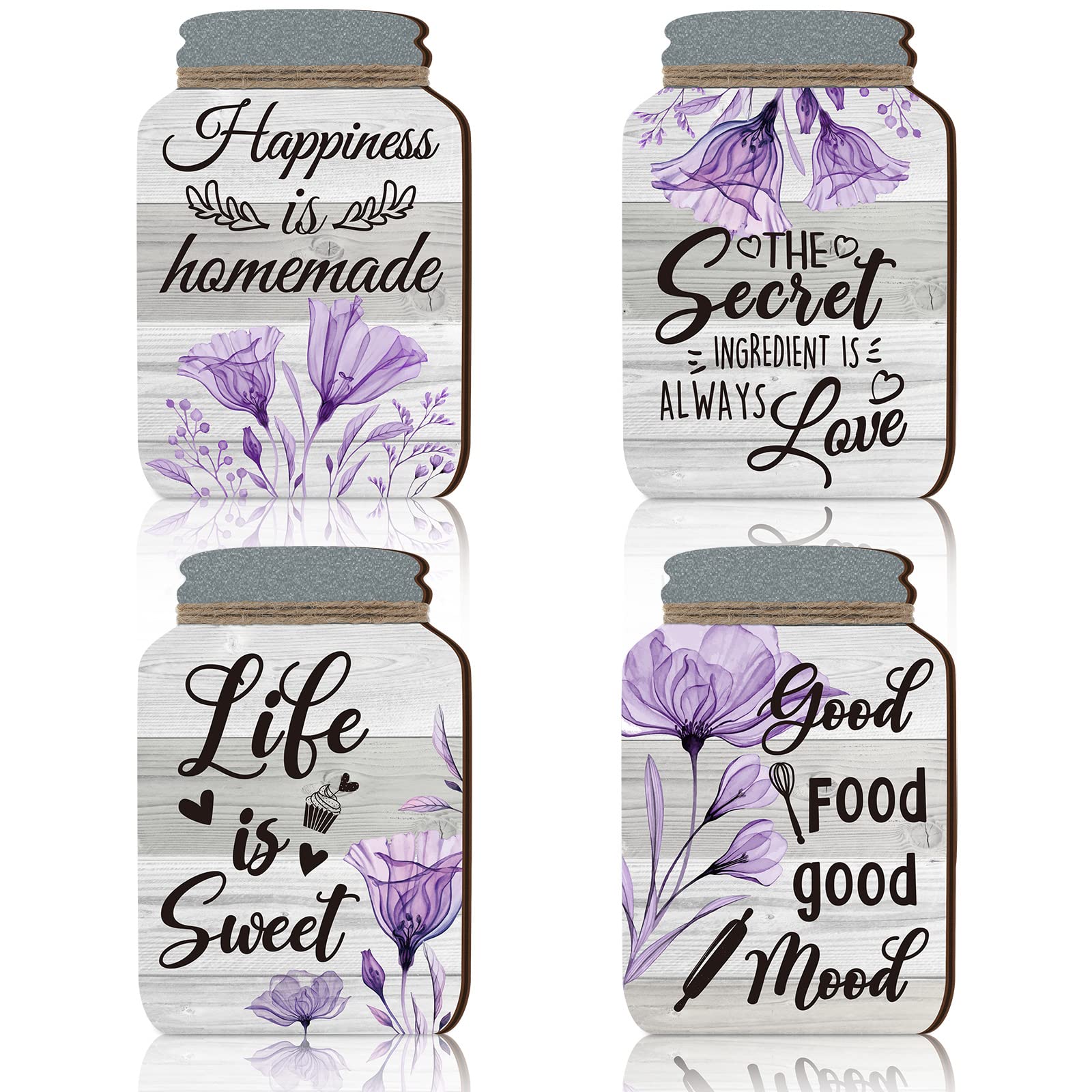 4 Pcs Rustic Wooden Mason Jar Wall Decor Set - Farmhouse Kitchen Signs with Inspirational Quotes, Gray Flower Design for Fall Home Decor - Perfect for Kitchen, Dining Room, and Country Style Living Spaces