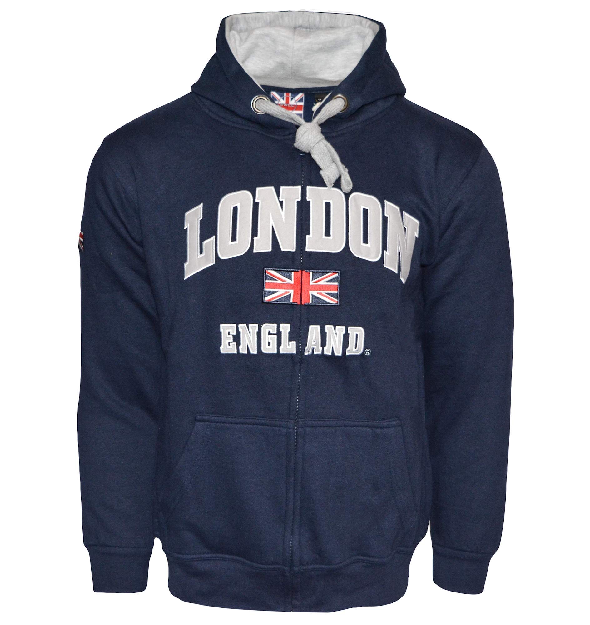 LE129ZNG Unisex London England Zipped Hoodie - Navy & Grey Pullover Sweatshirt with Hood (XS-2XL) | Casual Streetwear for Men & Women | Perfect for Travel, Gym & Everyday Wear