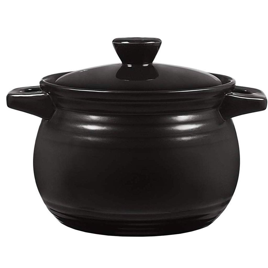 TJLSS 1 Quart Ceramic Round Casserole with Lid - Antique Style Black Stoneware Soup Pot for Oven, Stovetop & Serving | High Temperature Safe for Baking, Stewing & Entertaining