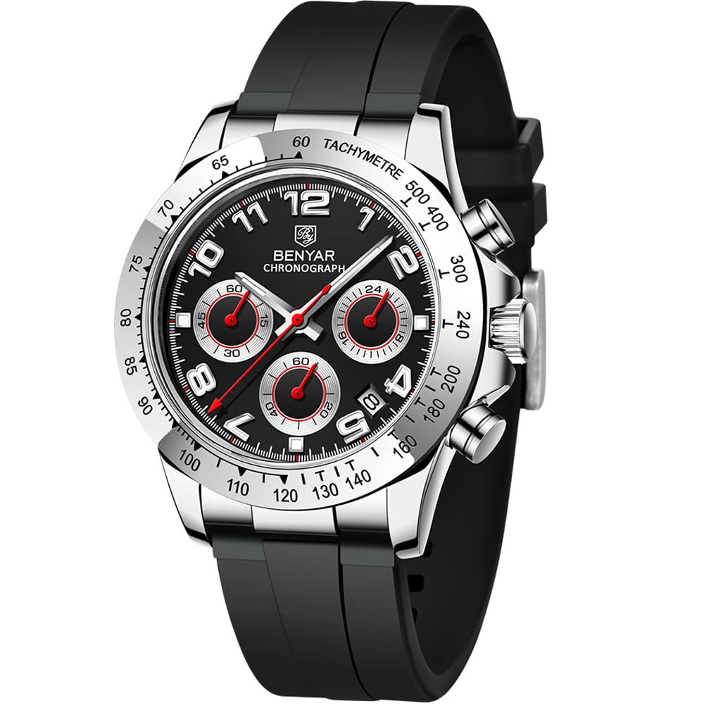 BENYAR Men's Chronograph Quartz Watch - Waterproof Analog Sports Watch with Date & Silicone Band - Blue, White, Black - Perfect for Work, Outdoor Activities & Casual Wear