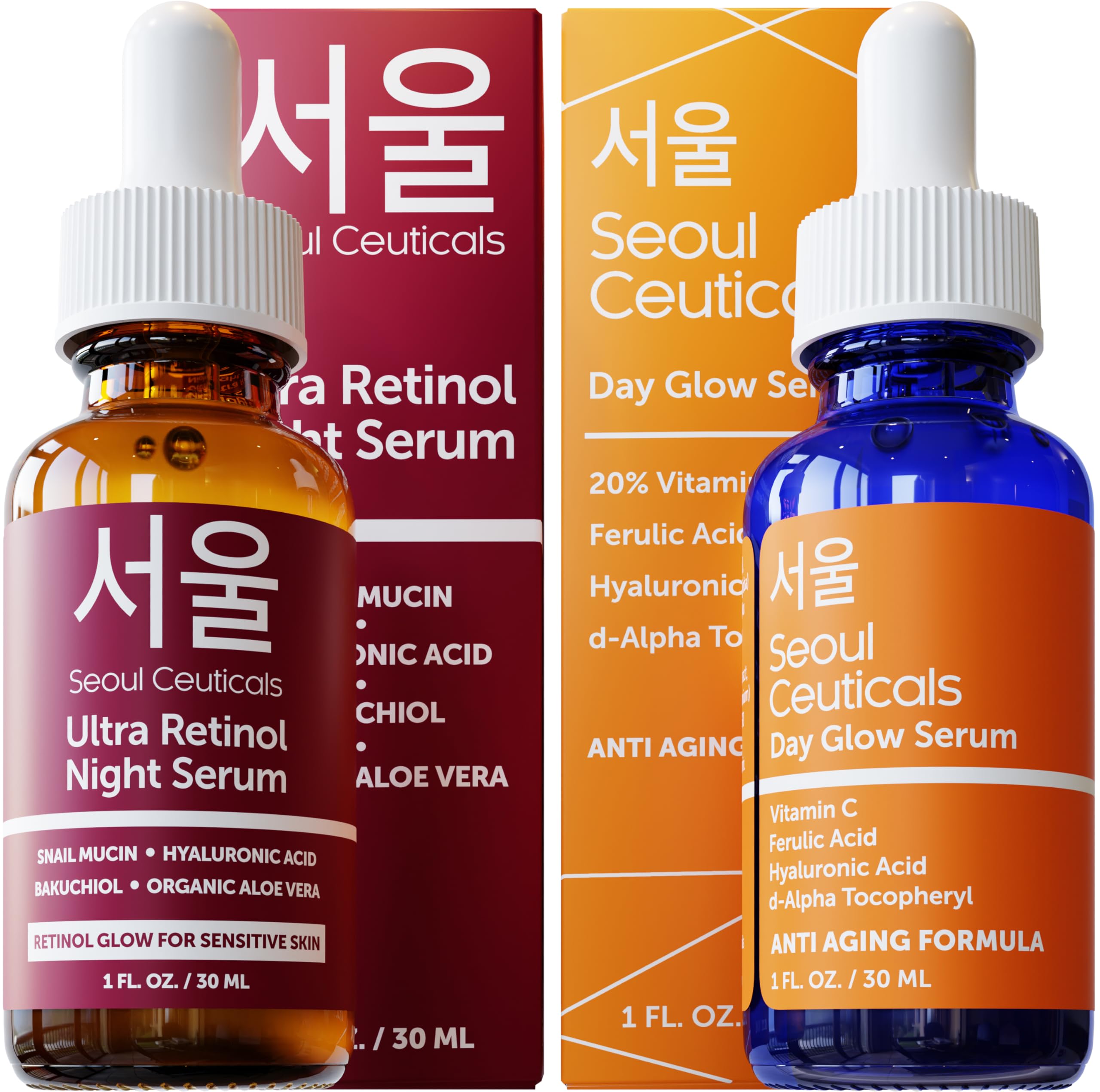 SeoulCeuticals Retinol + Vitamin C Serum - Korean Anti-Aging Skincare Bundle for Wrinkles & Brightening | Day & Night Face Treatment for Glowing Skin