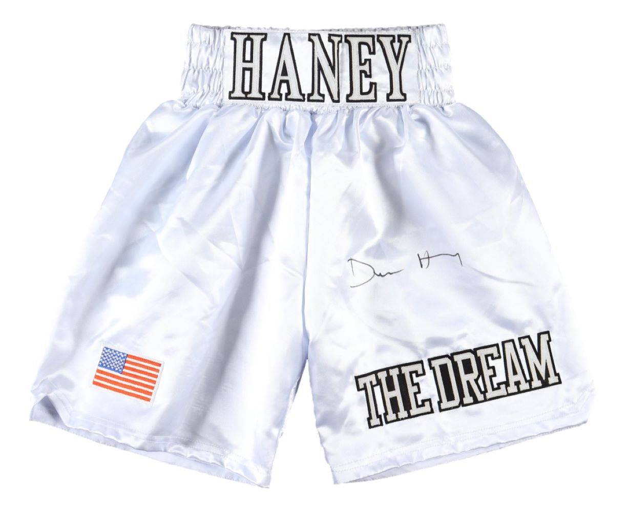 Devin Haney Autographed White Boxing Shorts - Limited Edition Collectible for Boxing Fans & Sports Memorabilia - Perfect for Display, Gifts, and Boxing Enthusiasts