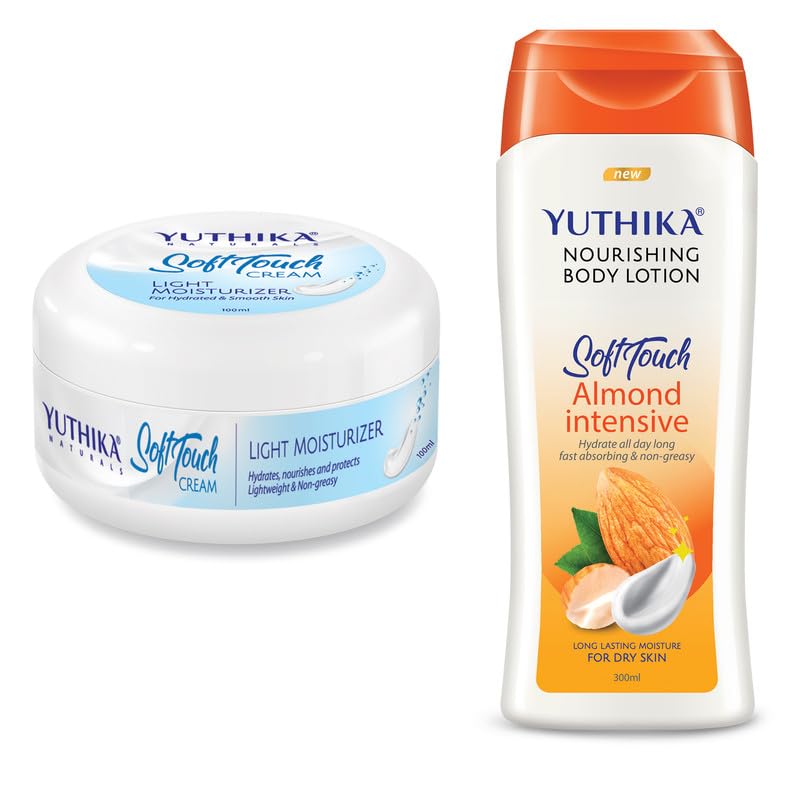 Yuthika Almond Body Lotion 300ml with Moisturizing Cream 100ml - Nourishing Dry Skin Care for Face, Hands & Body - Hydrating Winter Lotion with Non-Greasy Formula | Perfect for Daily Moisturizing, Cold Weather Protection & Nighttime Skin Repair