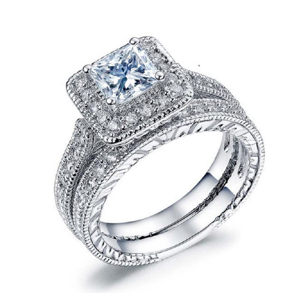 ZDIFDIC 925 Sterling Silver Wedding Ring Set for Women - Cubic Zirconia CZ Engagement Band & Stackable Promise Ring (2-Piece Set, Size 7) - Perfect for Bridal, Anniversary & Romantic Gifts