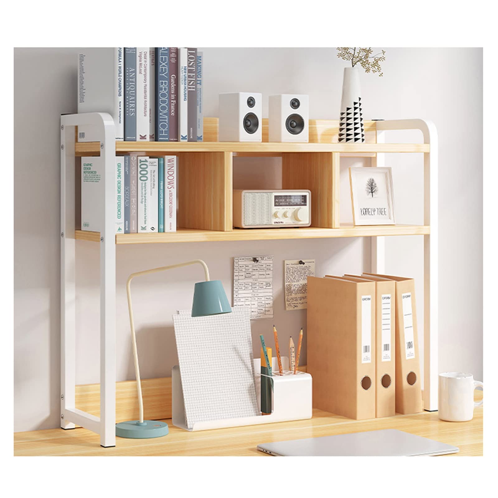 XIAOSAKU 2-Tier Desktop Book Rack - Steel & Wood Open Bookshelf Display Stand for Office, Countertop, and Desk Organization - Perfect for Literature Display, Book Storage, and Workspace Decoration