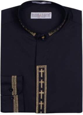 DANIEL ELLISSA CROSS EMBO BANDED COLLAR DS2005C BLACK/GOLD - Stylish Embroidered Band Collar Shirt for Men, Perfect for Office Wear, Business Meetings & Formal Occasions