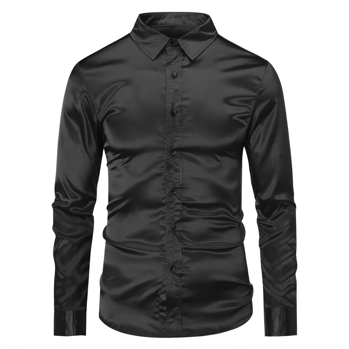 Stylish Men's Shiny Long Sleeve Lapel Dress Shirt - Black Formal & Casual Button Down Shirt for Office, Party & Date Night Outfits