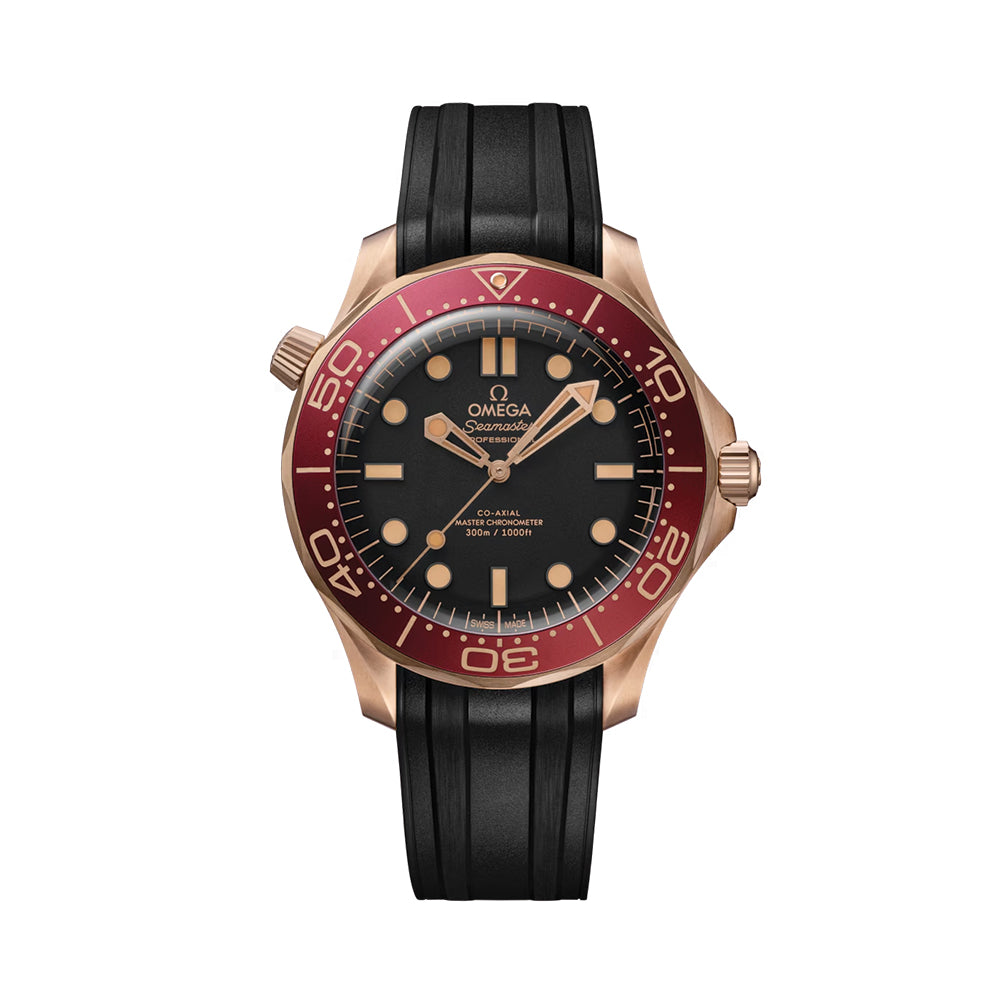 Omega Seamaster Diver 300M Bronze Gold Co-Axial Master Chronometer 42mm Black Dial Men's Watch with Rubber Strap - Luxury Dive Watch for Professional Scuba Diving & Everyday Wear