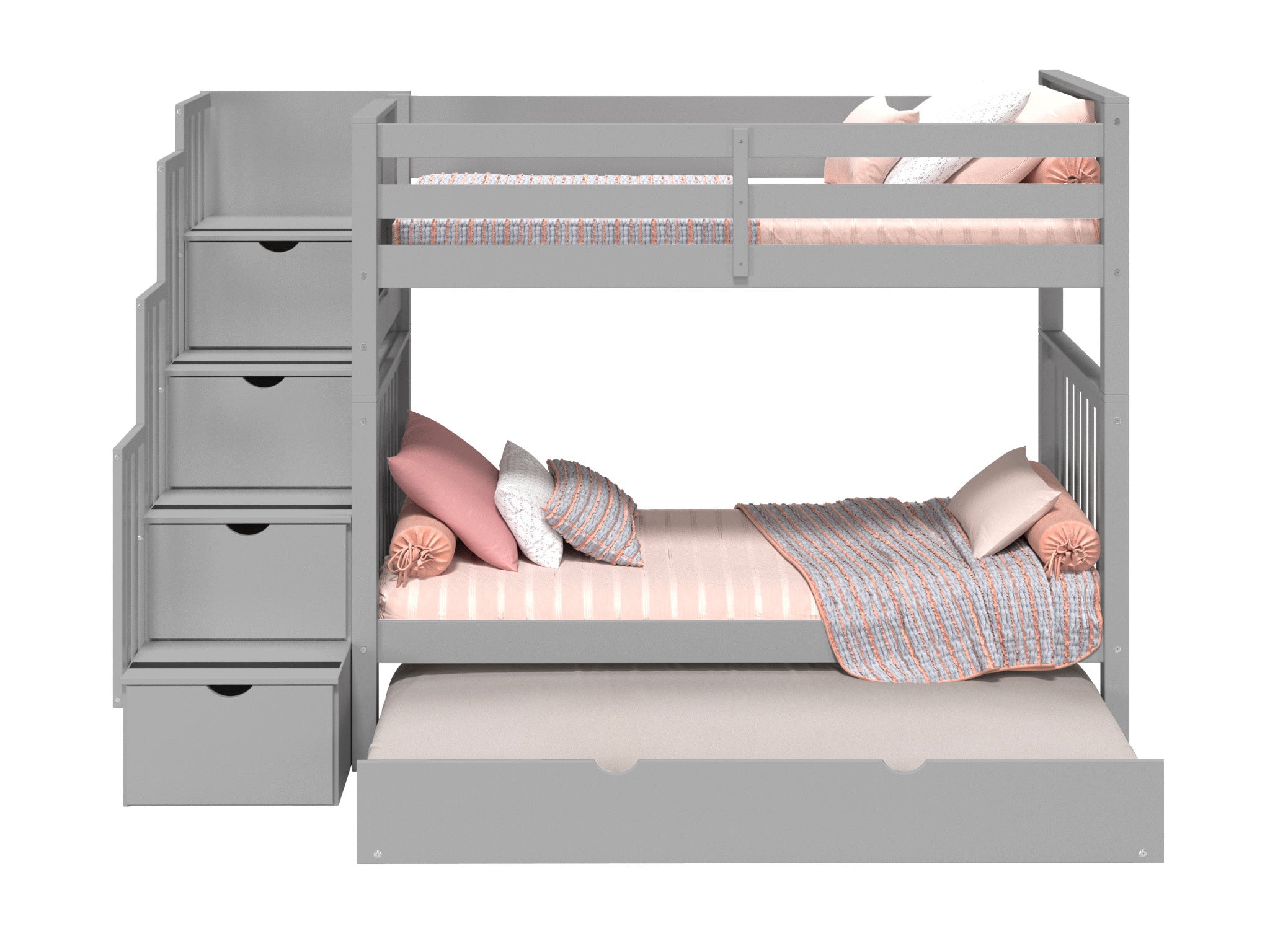 Twin Over Twin Bunk Bed with Stairway & Trundle - Space Saving Gray Kids Bunk Bed for Small Rooms, Dorms & Sleepovers