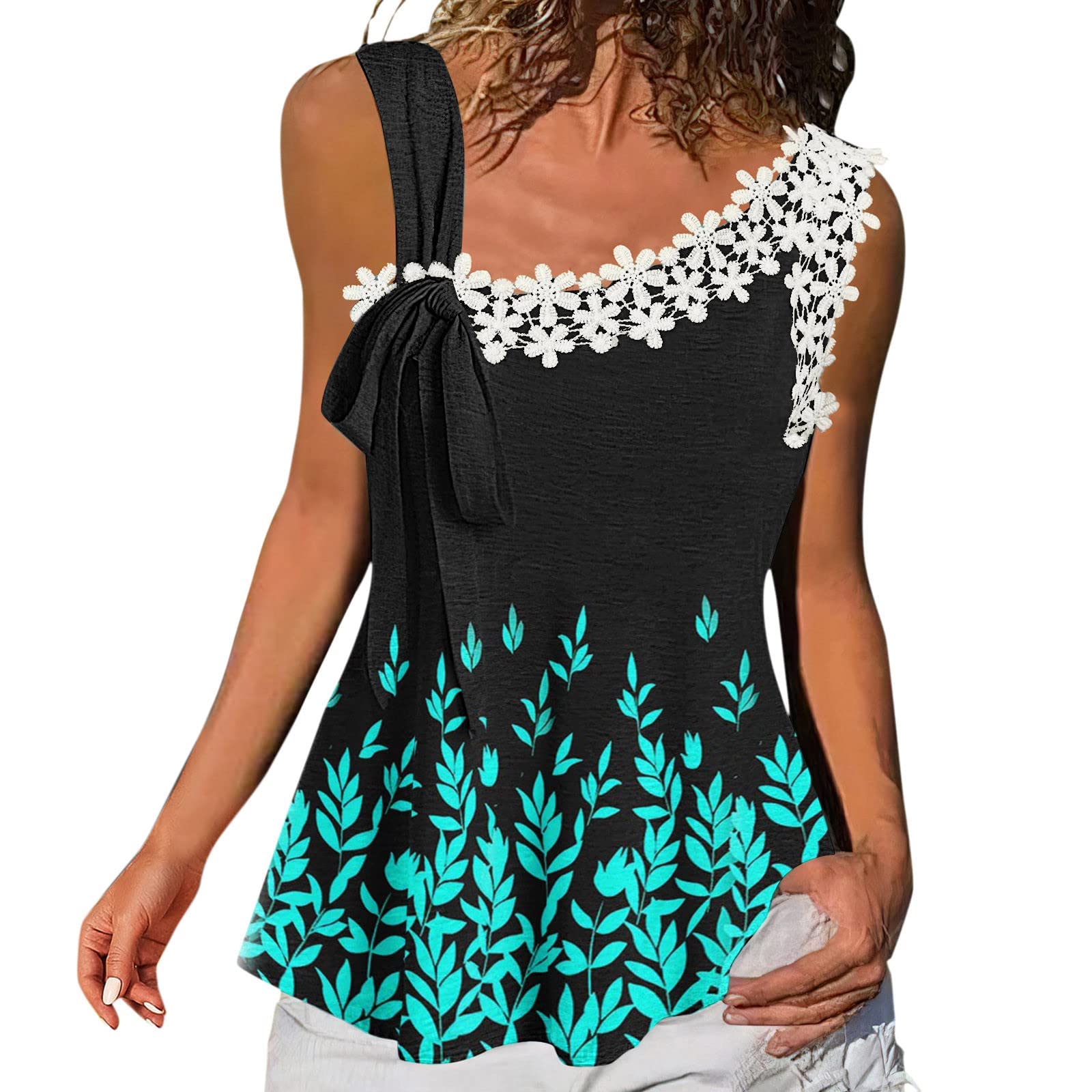 Women's Summer Tops - Printed Lace Bandage Sleeveless Vest Tee | Casual T-Shirt & Vacation Tank Top | Perfect for Beach Outings, Date Nights & Summer Travel
