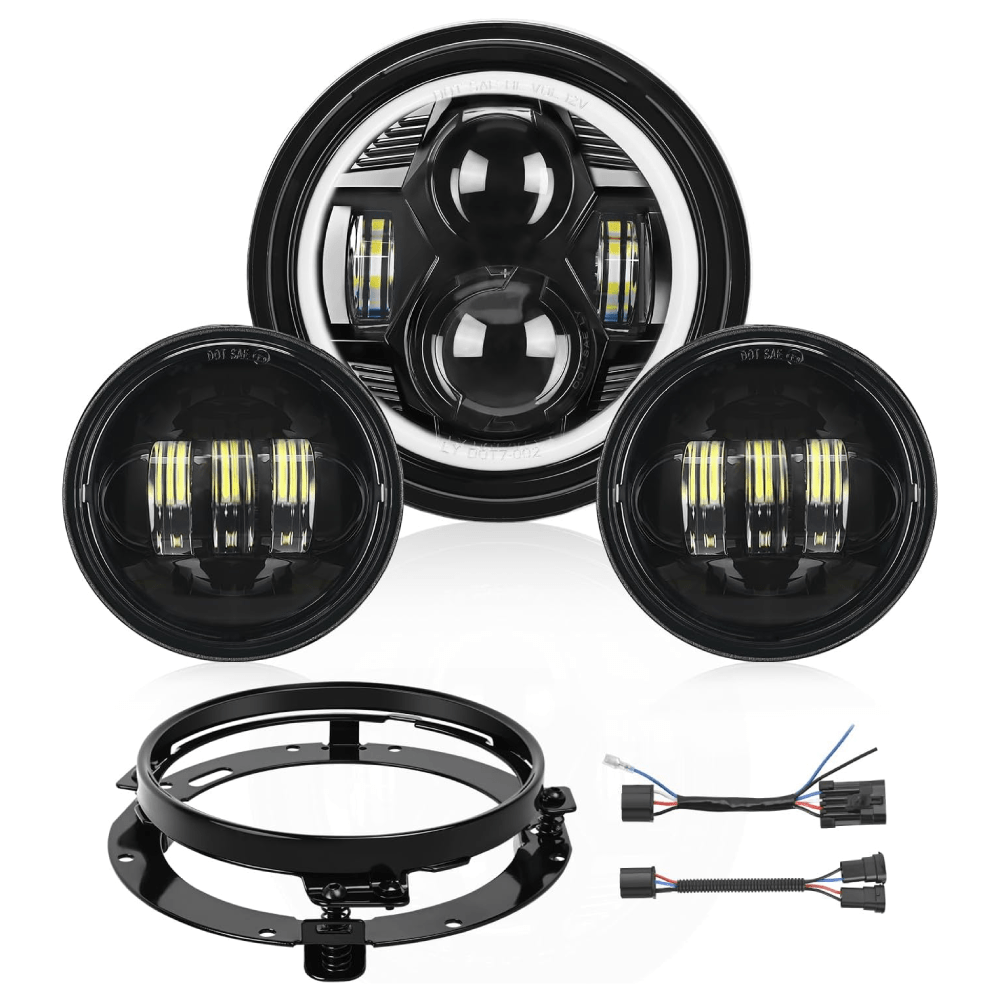 7 Inch DRL LED Motorcycle Headlights & 4.5 Inch Fog Lights Kit - Black - High Visibility for Night Riding & Off-Road Adventures