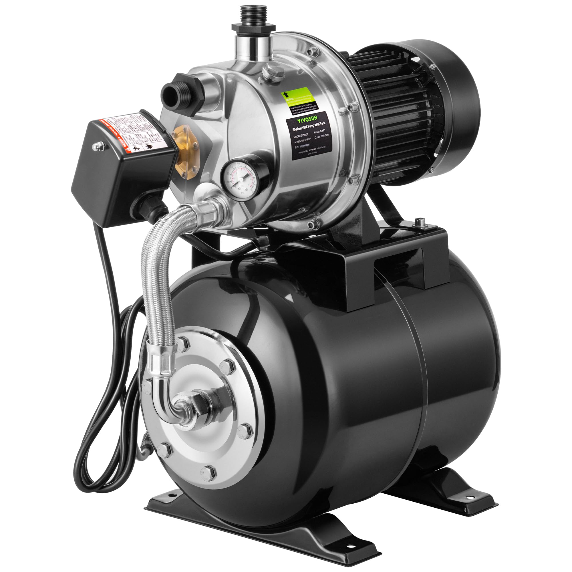 VIVOSUN 1.6 HP Shallow Well Pump with Pressure Tank - NSF Certified Stainless Steel Water Booster Pump (1320 GPH) - Includes Two Adapters for Home, Garden, Lawn Irrigation & Water Supply Systems