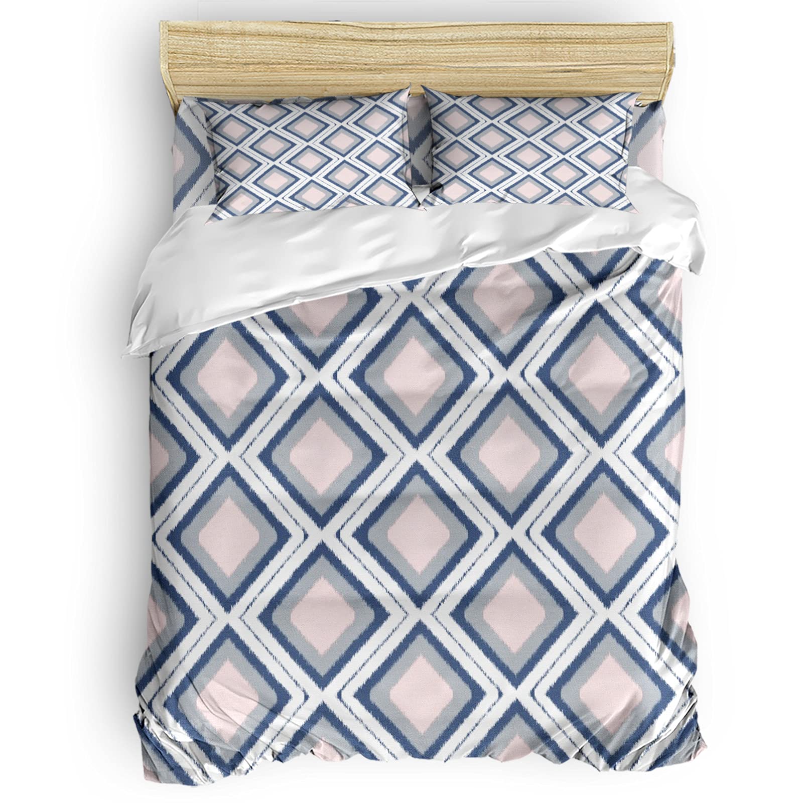 Funy Queen Duvet Cover Set - 4Pc Geometric Pink Rhombus Bedding for Modern Bedrooms