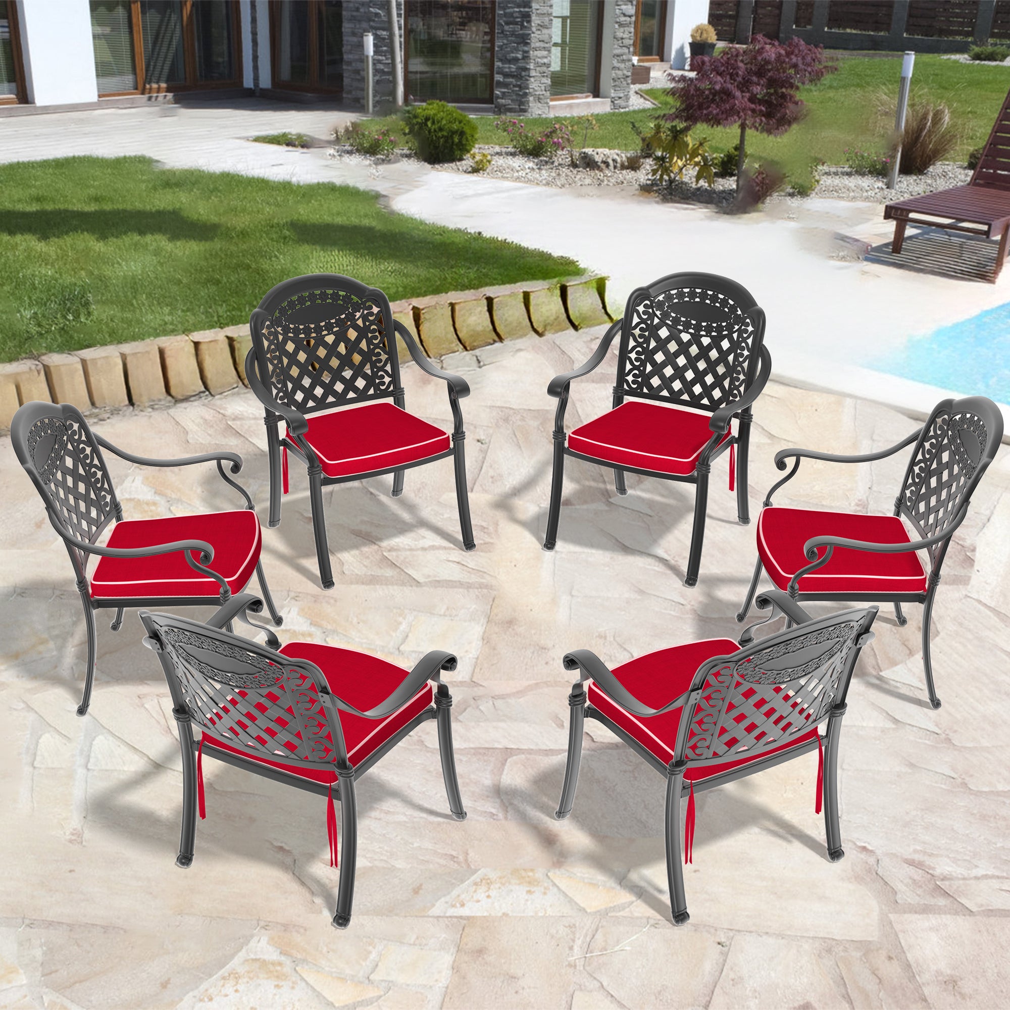 6-Piece Cast Aluminum Patio Dining Set - Black Frame with Colorful Cushions | Outdoor Garden, Poolside & Backyard Furniture for Entertaining