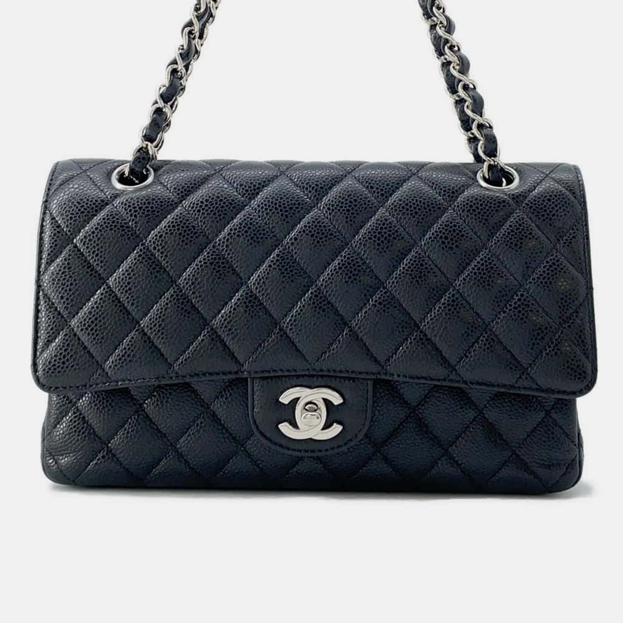 Luxury Black Caviar Leather Medium Classic Double Flap Shoulder Bag for Women - Elegant Handbag for Work, Evening Events & Daily Use