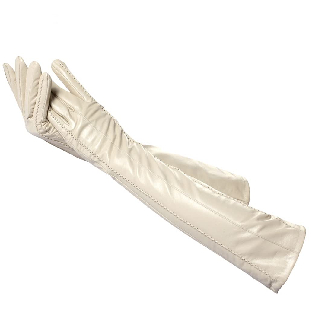 Premium Women's Long Leather Gloves - Winter Warm Mittens for Cold Weather (White, Size 8) | Fashionable Driving Gloves & Outdoor Winter Accessories