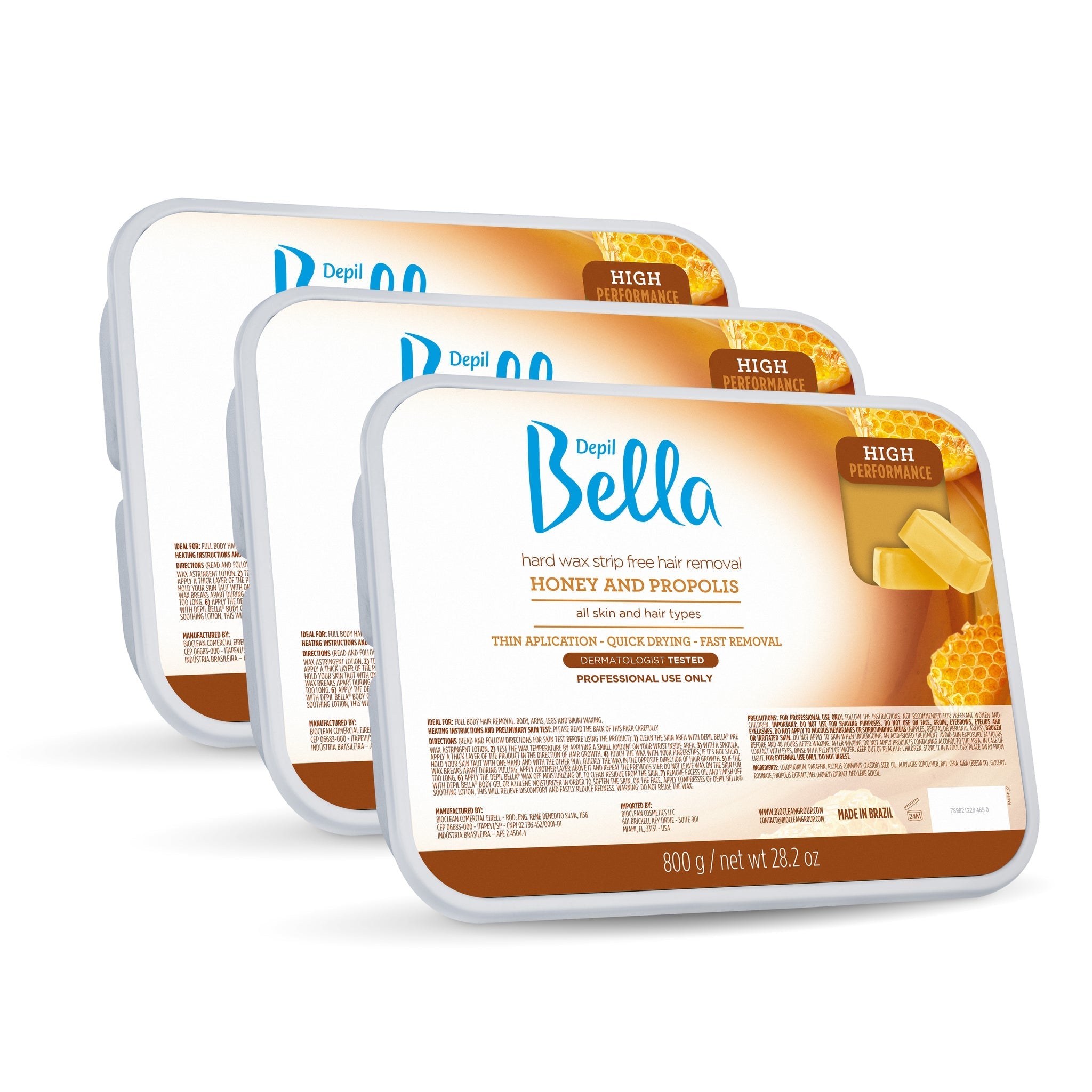 Depil Bella Professional Hard Wax for Hair Removal - Honey & Propolis Formula - 28.2 Oz (3 Pack) - Ideal for Face, Bikini, Legs & Body Waxing at Home or Salon