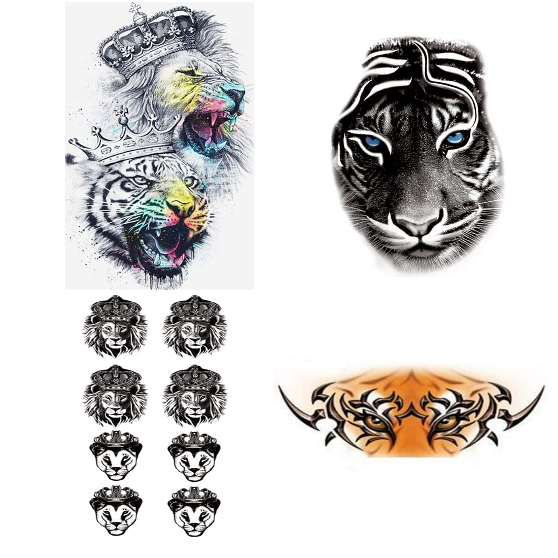 Temporary Tattoo Stickers - 4 Pack Tiger Eye & Lion King Designs for Men & Women (2x4 Inch) - Waterproof Fake Body Art for Parties, Halloween & Cosplay