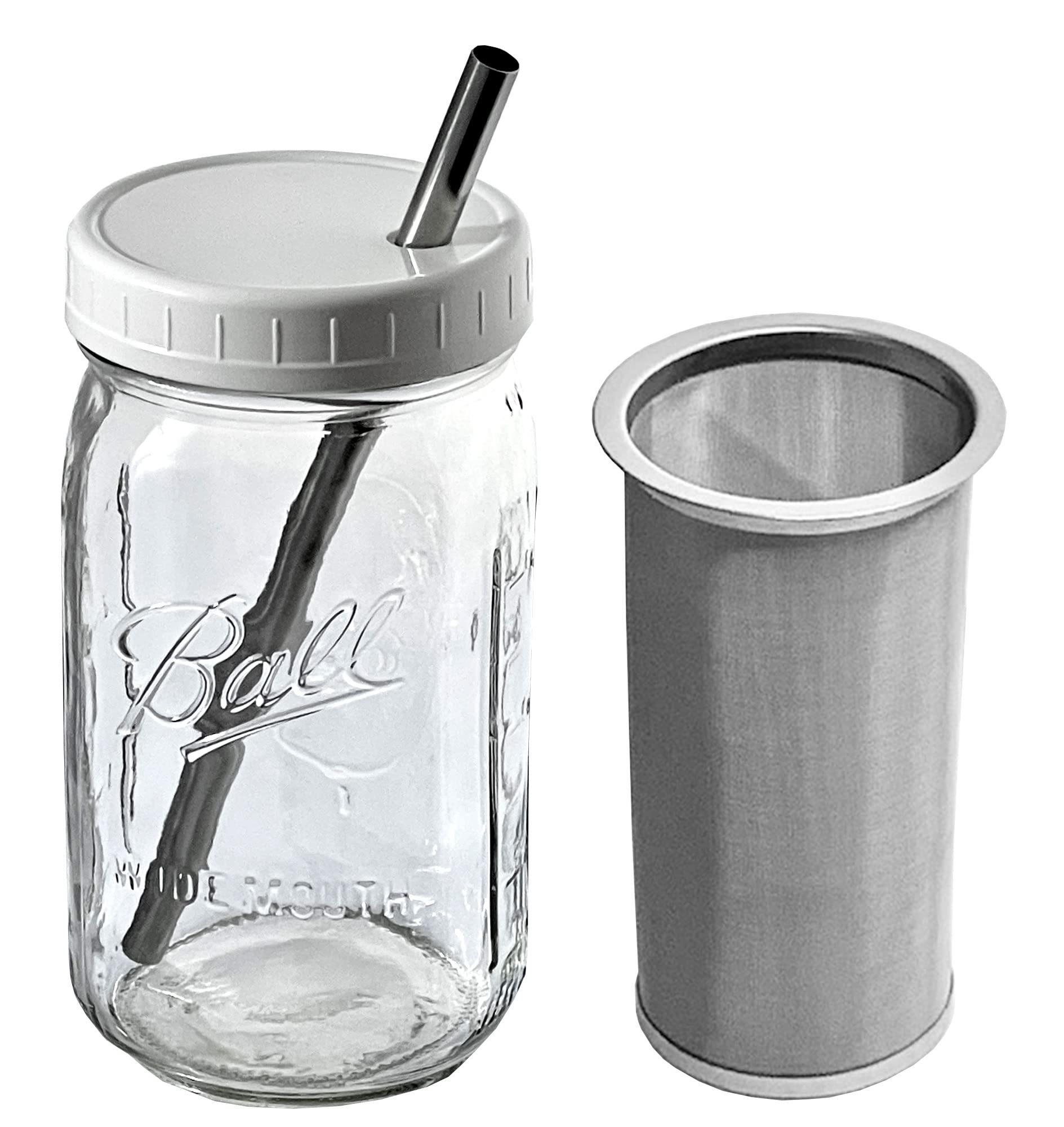 Premium Cold Brew Coffee Maker & Iced Tea Maker - 32oz Heavy Duty Glass Mason Jar with Fine Mesh Stainless Steel Filter, Includes Lid & Straw - Perfect for Home, Office & Outdoor Use