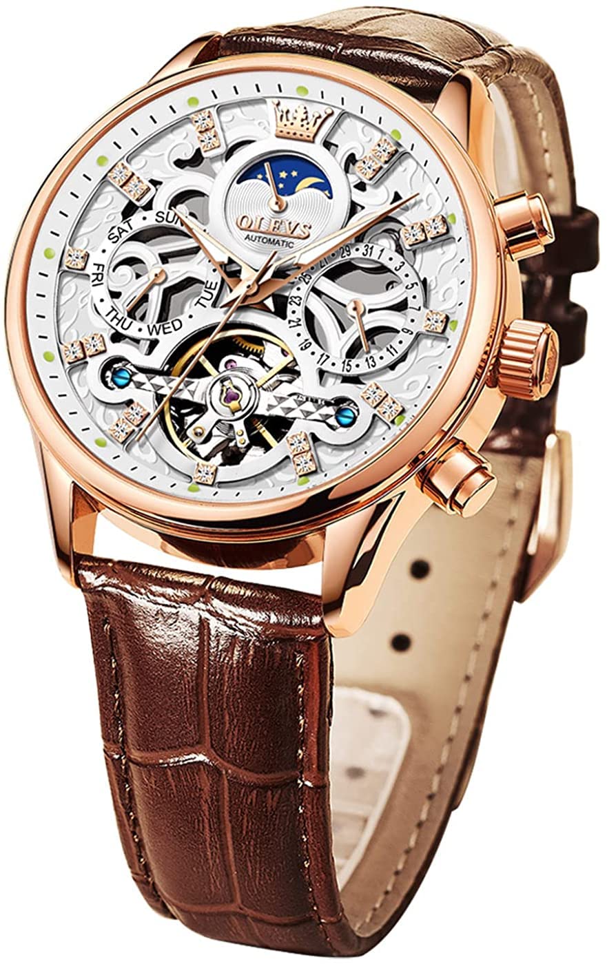 OLEVS Men's Automatic Skeleton Watch - Mechanical Dress & Casual Wristwatch with Moon Phase, Luminous Hands, Waterproof, Brown/Black Leather Strap - Perfect for Business, Formal Events & Everyday Wear
