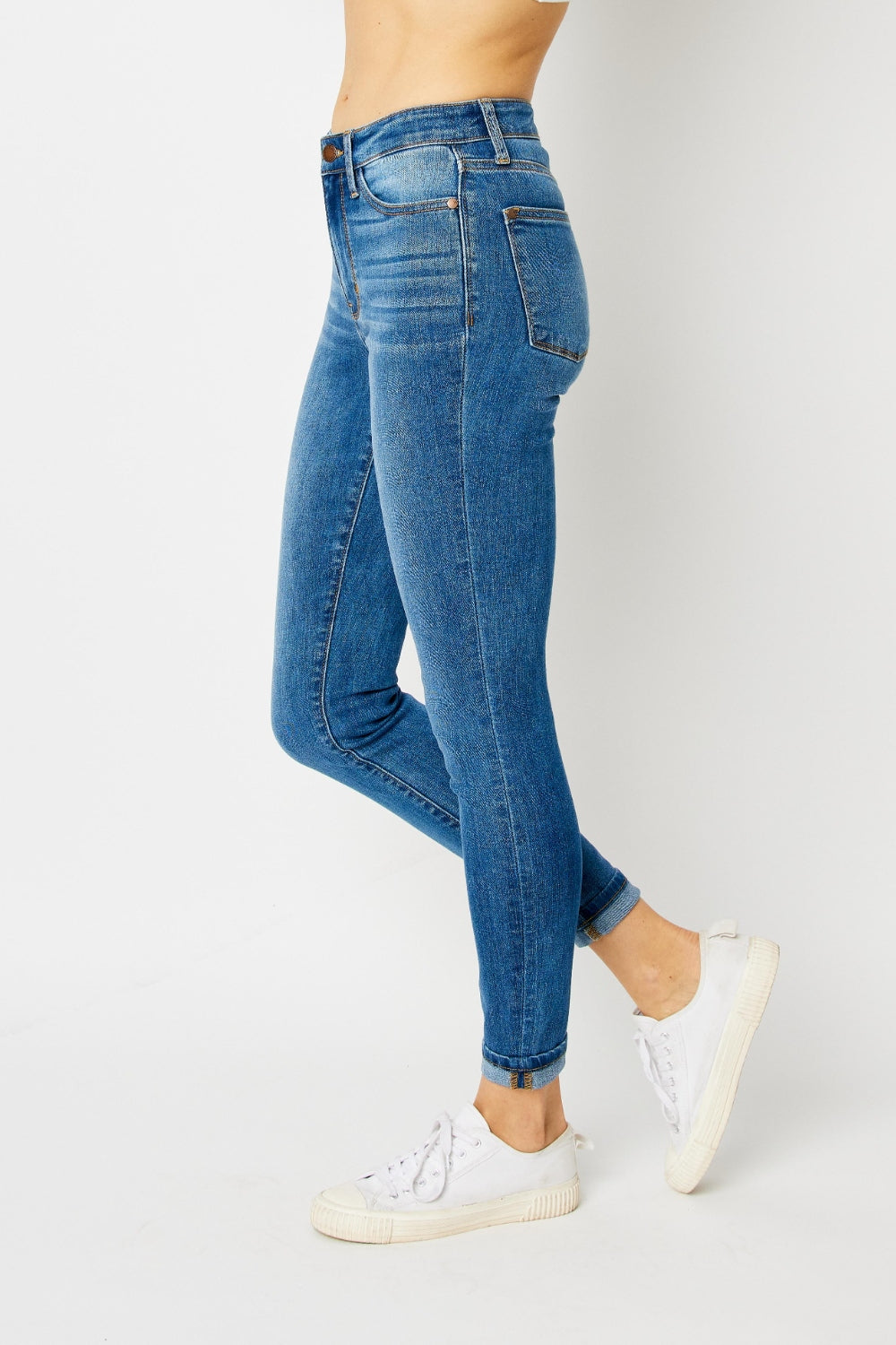 Judy Blue Women's Cuffed Hem Skinny Jeans - High Waist Stretch Denim Pants for Everyday Wear & Casual Outfits