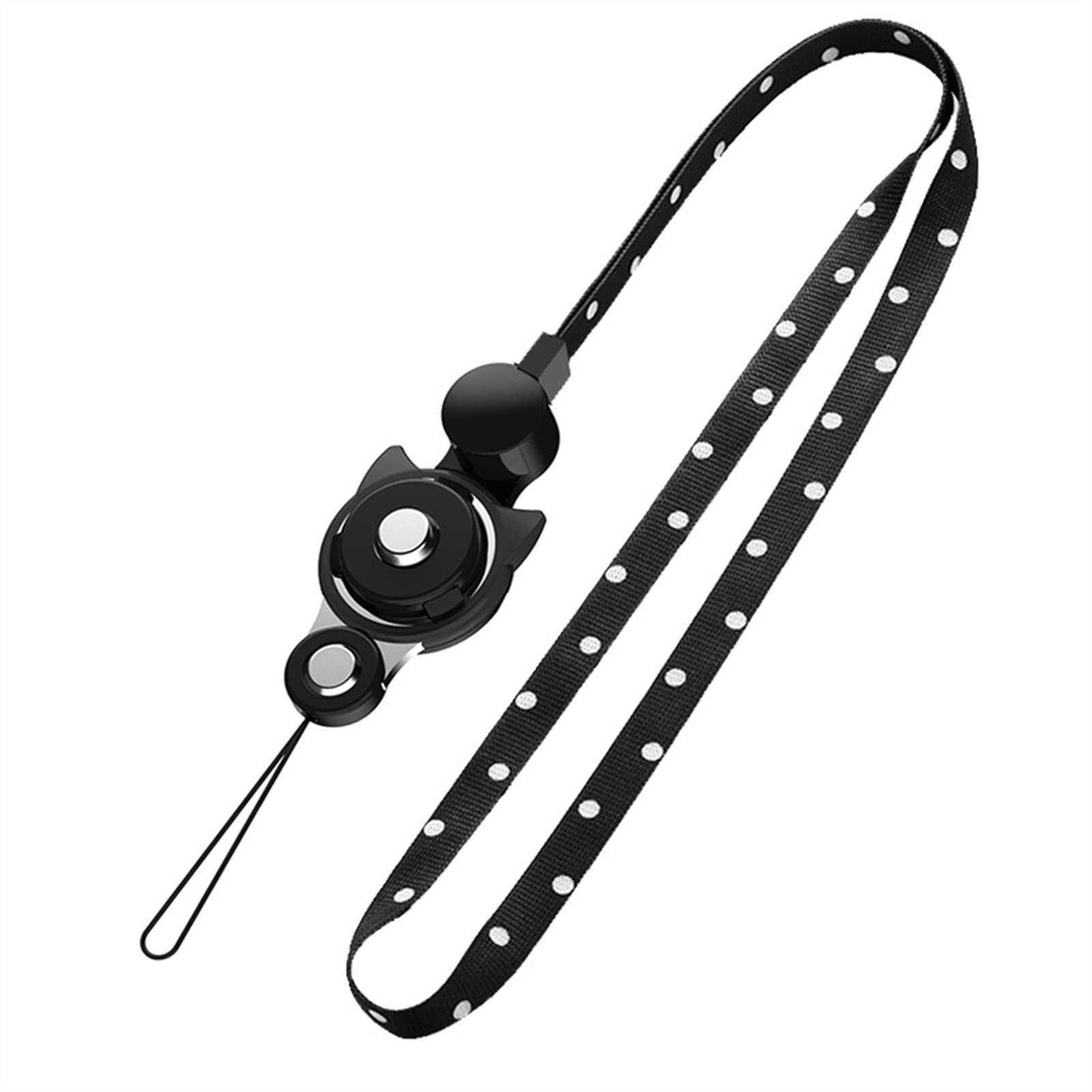 Cute Cat Phone Lanyard with Finger Ring - Adjustable Neck Strap for Smartphones - Black with Polka Dots - Perfect for Work, Travel & Hands-Free Convenience