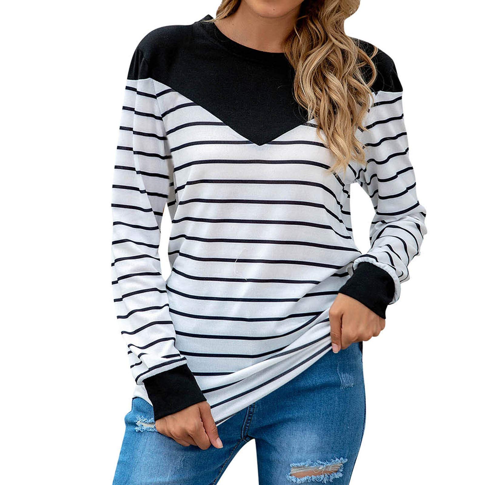 Fashionable Plus Size Women's Long Plush Striped Sleeve Round Neck T-Shirt - Casual Comfort Top for Everyday Wear, Work & Social Outings