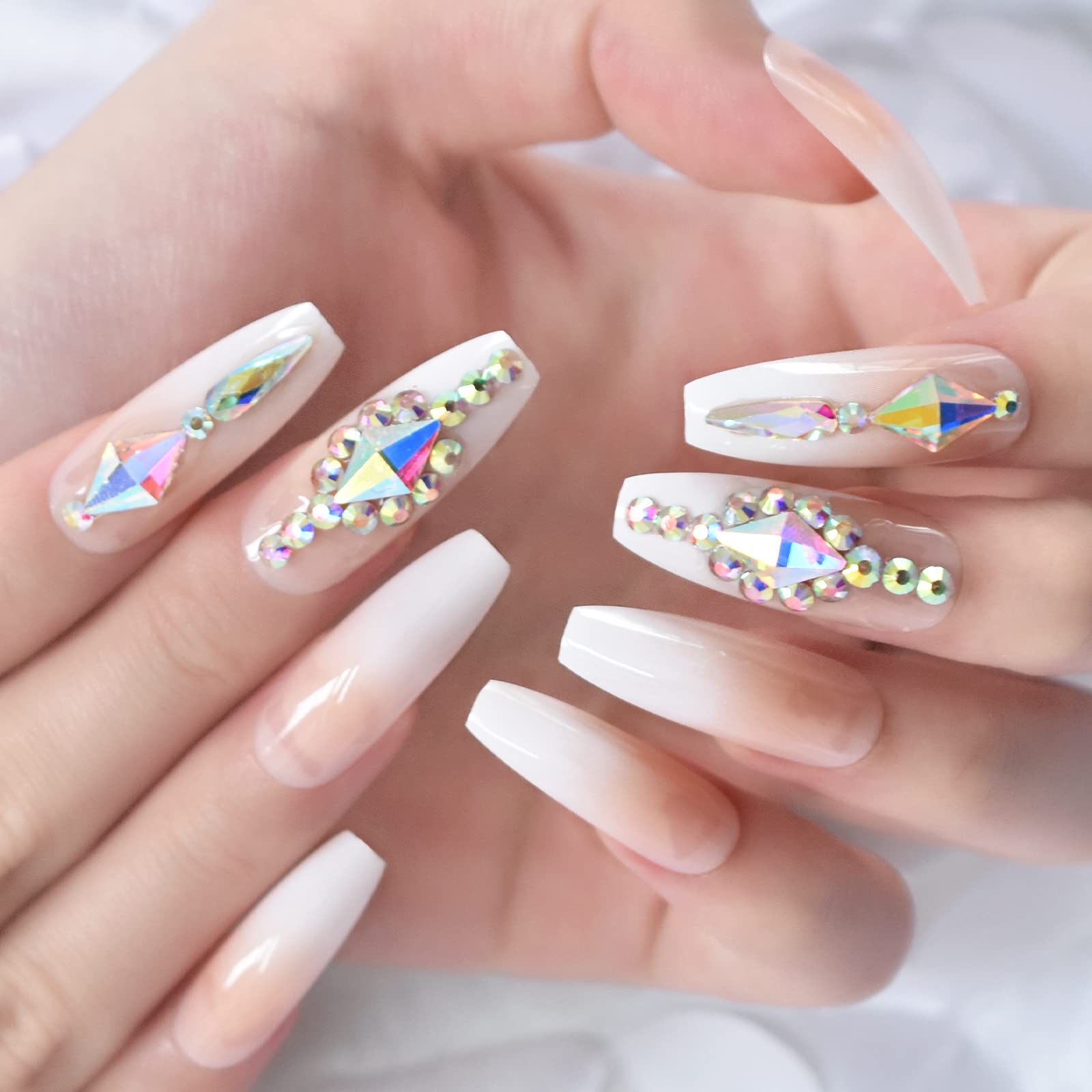 3D Bling Rhinestone Glitter Pink Nude Press on French Nails - Long Ballerina Coffin False Nails with Gradient Design - Natural Salon Manicure Reusable Fake Nails Art Tips for Parties, Weddings & Special Occasions