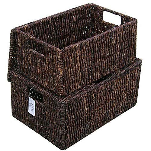 Natural Woven Grass Storage Baskets with Lids (Set of 2) - Dark Walnut Accent, Brown Green Yellow Handmade Home Decor for Living Room, Bedroom & Nursery Organization
