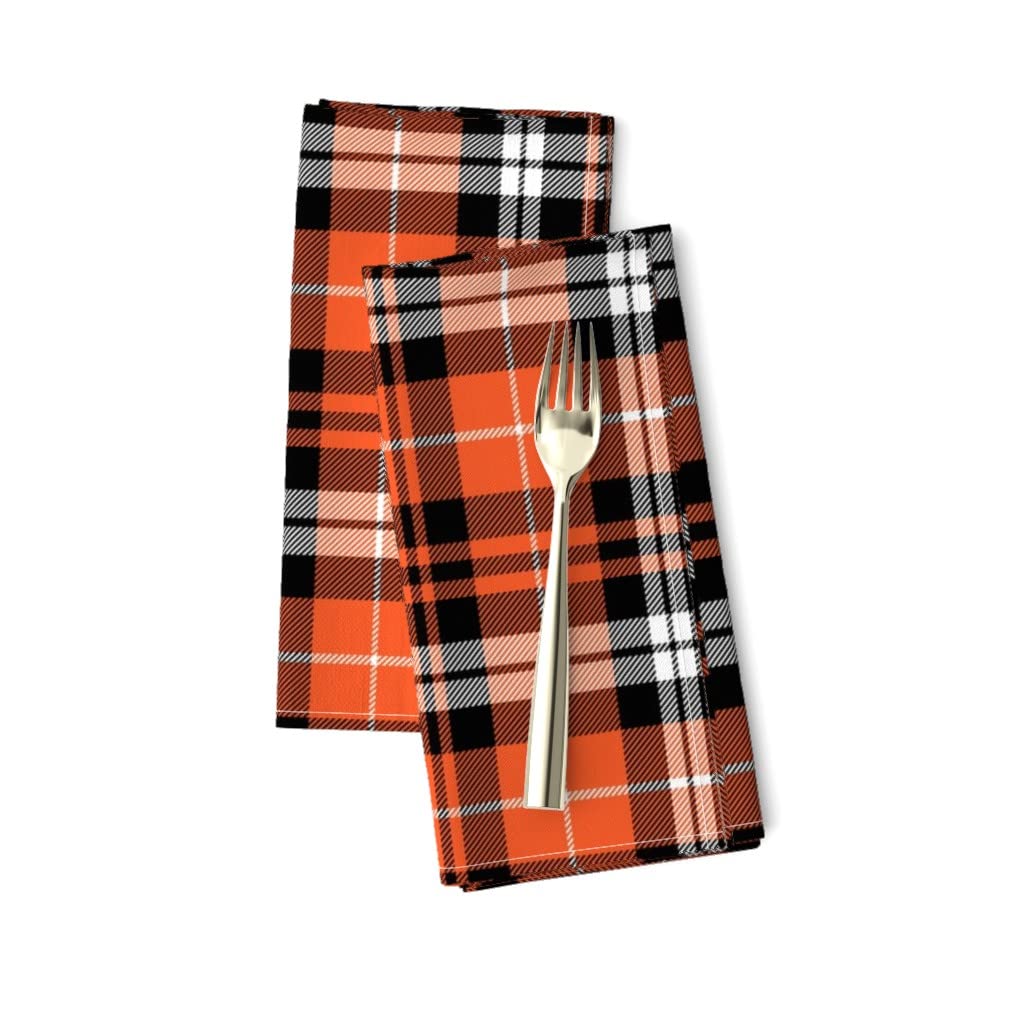 Premium Linen Cotton Canvas Dinner Napkins Set of 2 - Pumpkin Fall Plaid Pattern in Orange, Black & White | Trendy Printed Cloth Napkins for Thanksgiving, Christmas Dinner, Holiday Table Decor & Everyday Use