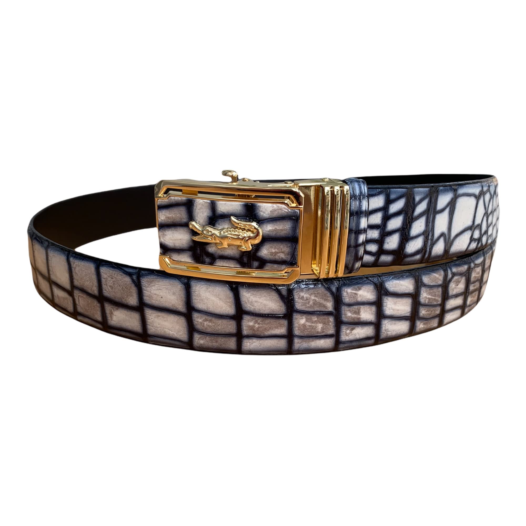 Premium Genuine Alligator Leather Belt for Men - Black with White Accent & Luxury Patina Finish - Stylish Dress Belt for Business, Formal & Special Occasions