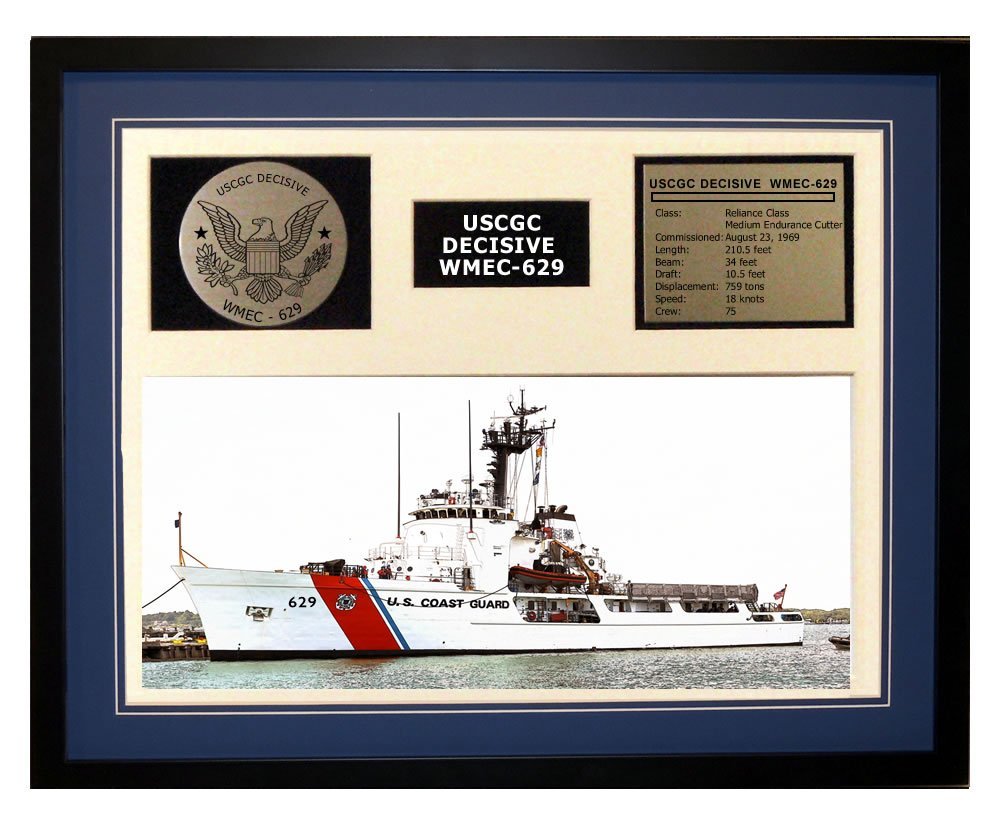 USCGC Decisive WMEC-629 Framed Navy Blue Coast Guard Ship Display - Perfect for Home, Office, or Military Memorabilia Collection