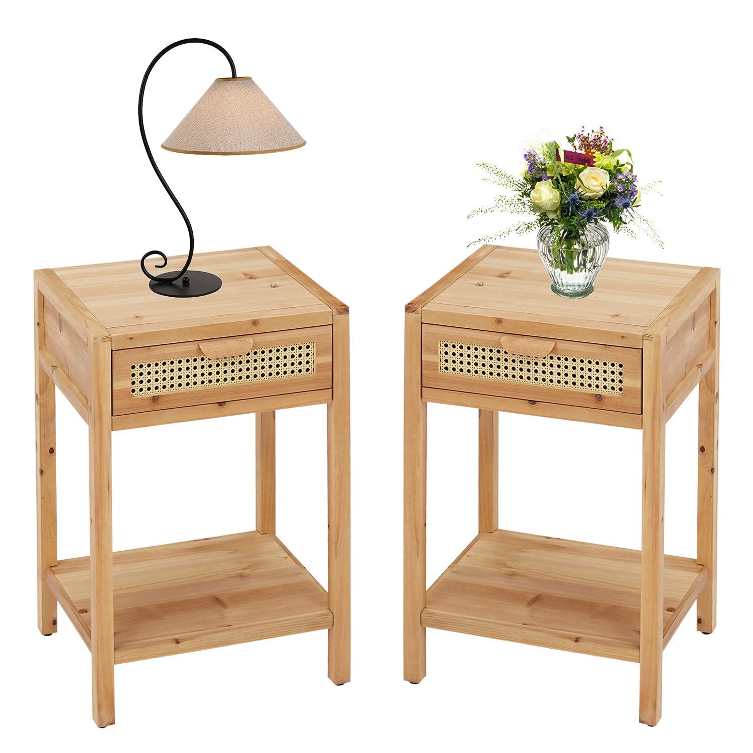 Kinbor Set of 2 Natural Wood Nightstands - Rustic Farmhouse Style End Tables with Shelf & Rattan Drawer for Bedroom, Living Room, Entryway | Perfect for Bedside Storage, Home Decor & Small Space Organization