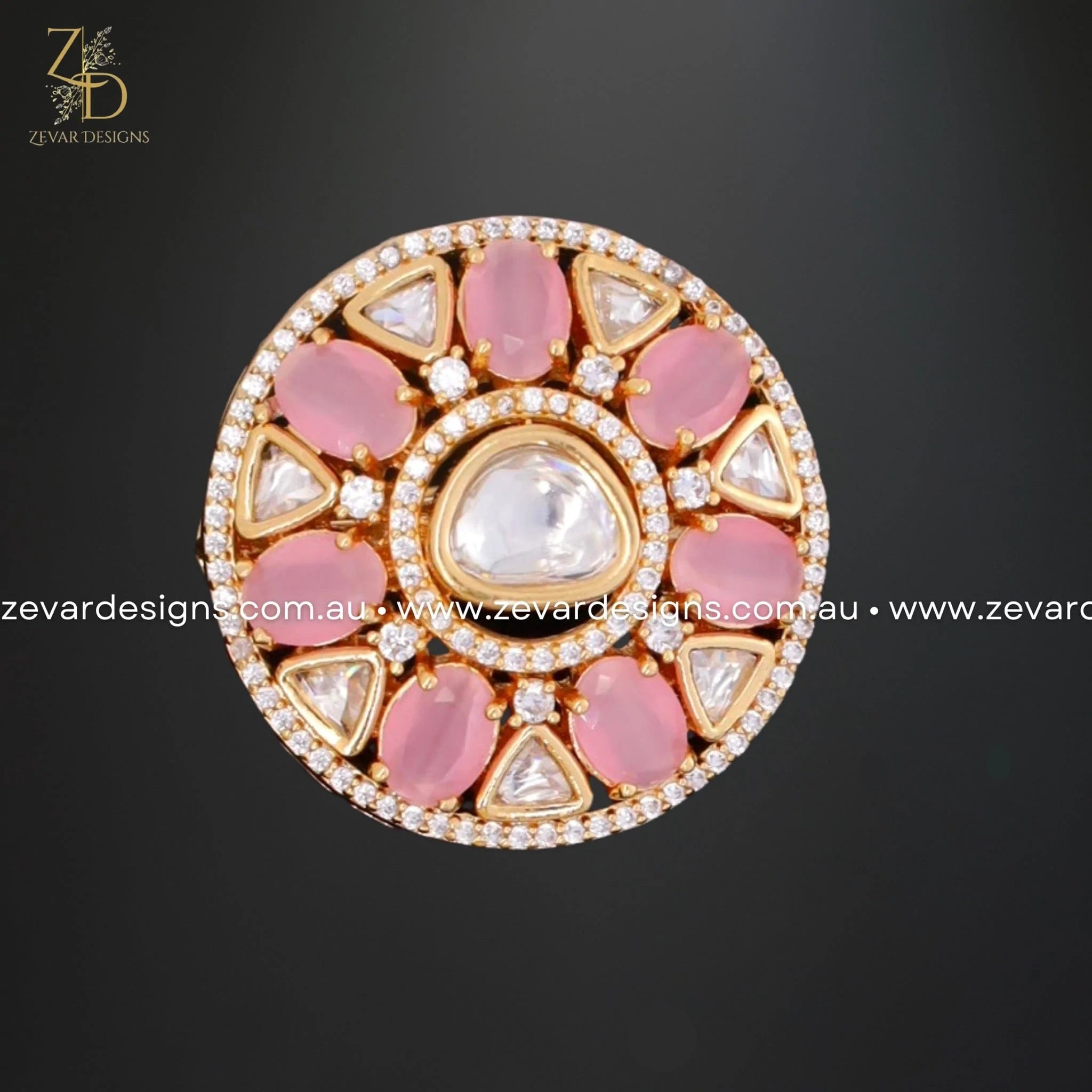 Exquisite AD and Kundan Polki Ring in Pink - Elegant Indian Jewelry for Weddings, Parties & Special Occasions